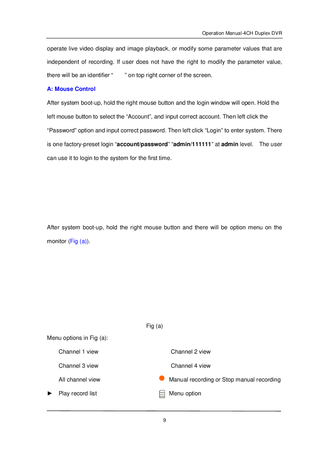 Q-See QSD371614C4-250 user manual Mouse Control 