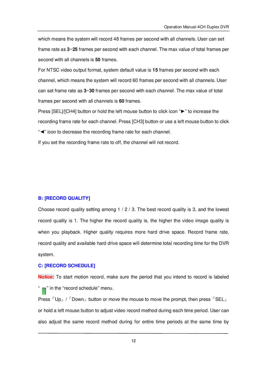 Q-See QSD371614C4-250 user manual Record Quality 