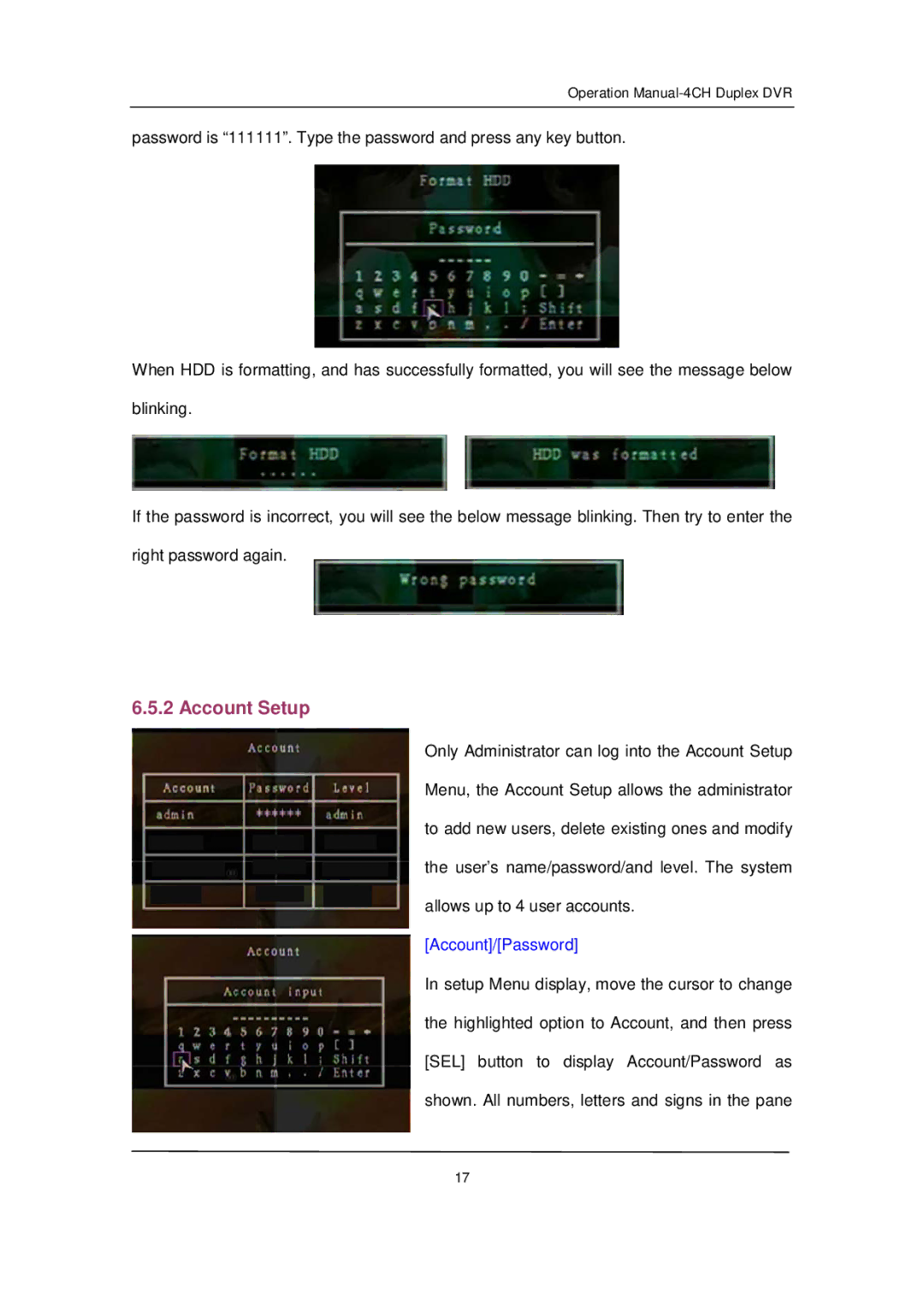 Q-See QSD371614C4-250 user manual Account Setup, Account/Password 