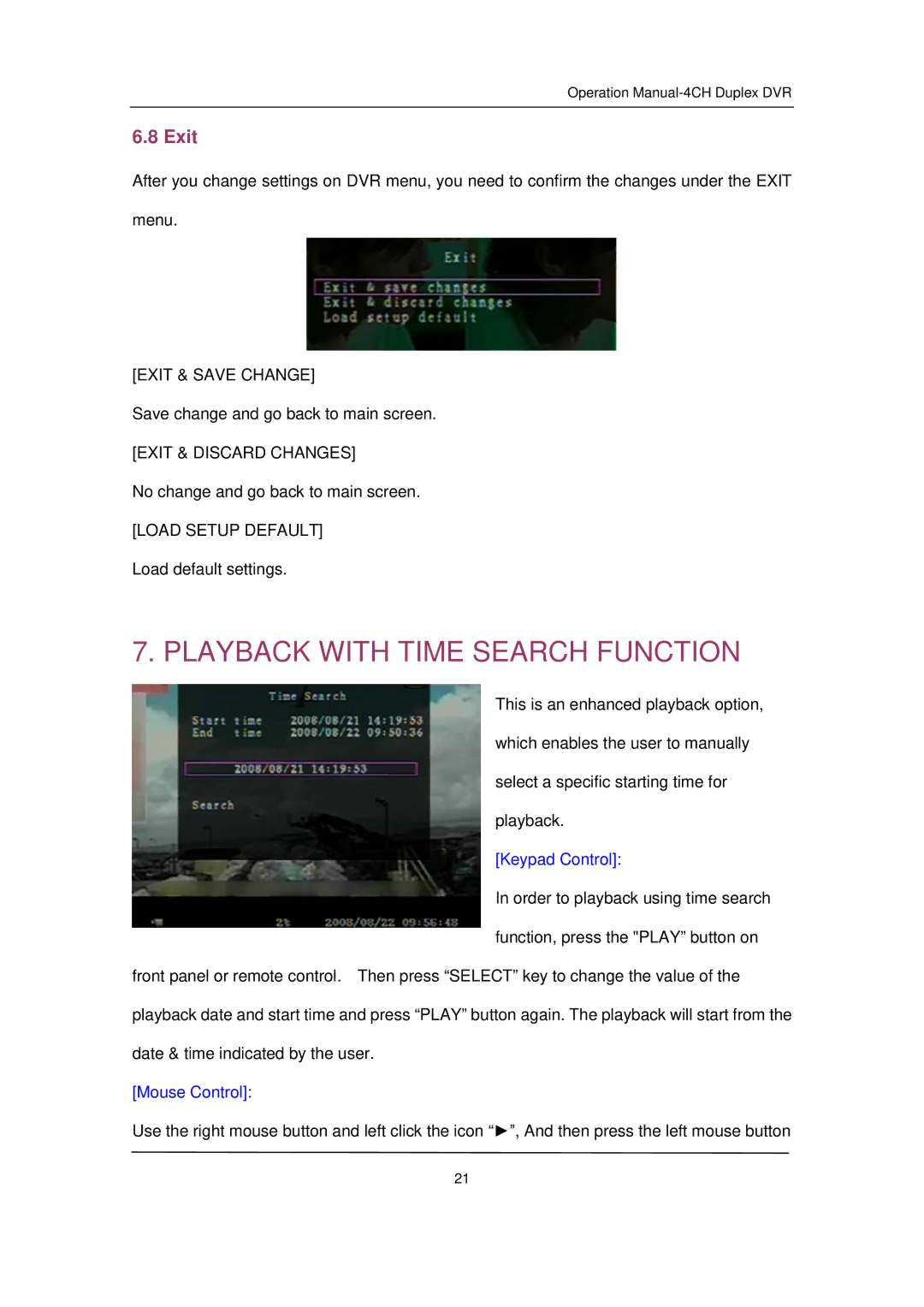 Q-See QSD371614C4-250 user manual Playback with Time Search Function, Exit, Keypad Control, Mouse Control 