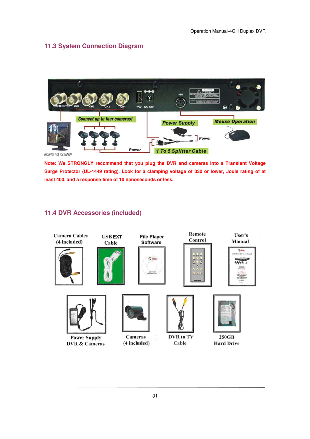 Q-See QSD371614C4-250 user manual System Connection Diagram DVR Accessories included 