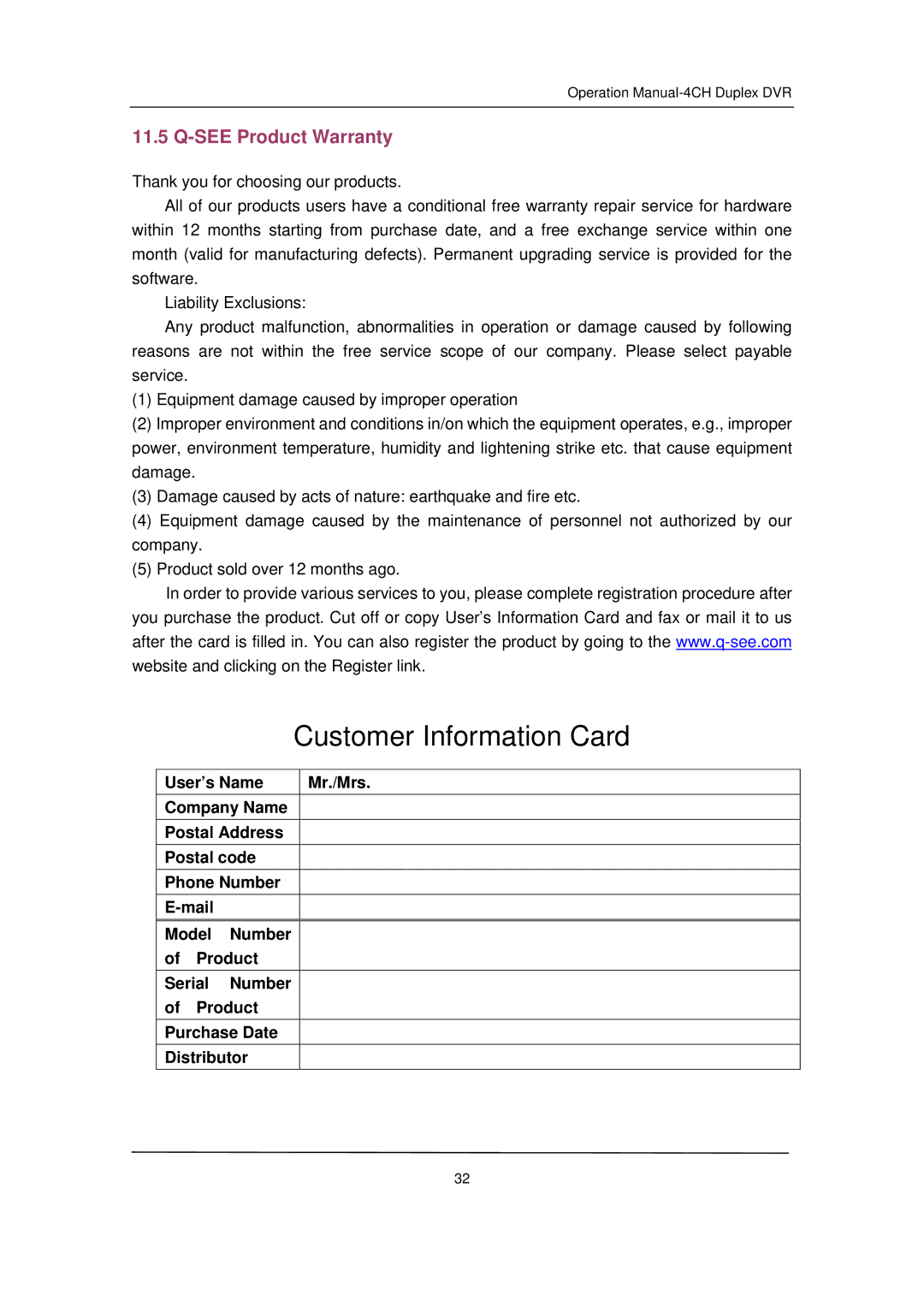 Q-See QSD371614C4-250 user manual Customer Information Card, See Product Warranty 