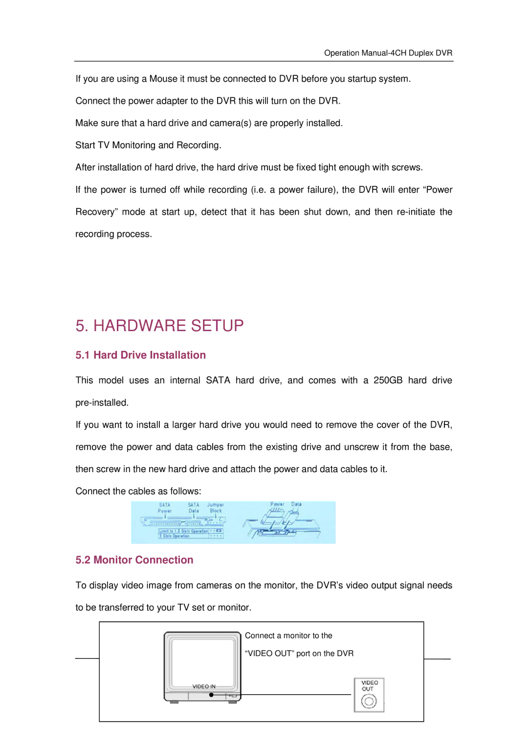 Q-See QSD371614C4-250 user manual Hardware Setup, Hard Drive Installation, Monitor Connection 