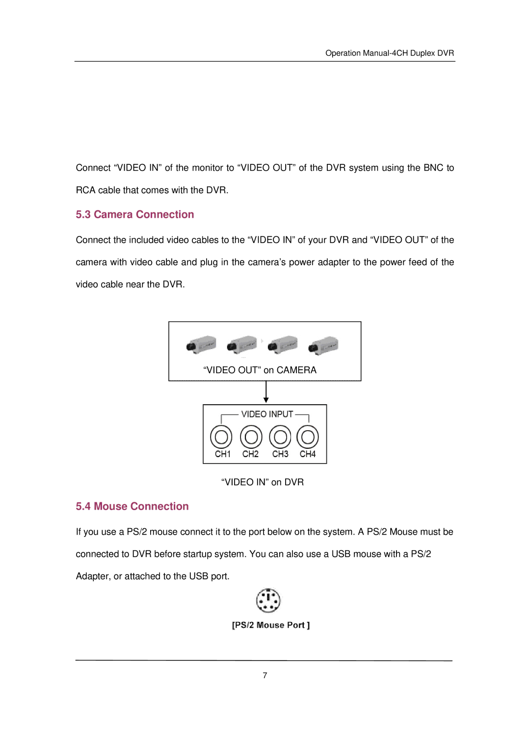 Q-See QSD371614C4-250 user manual Camera Connection, Mouse Connection 