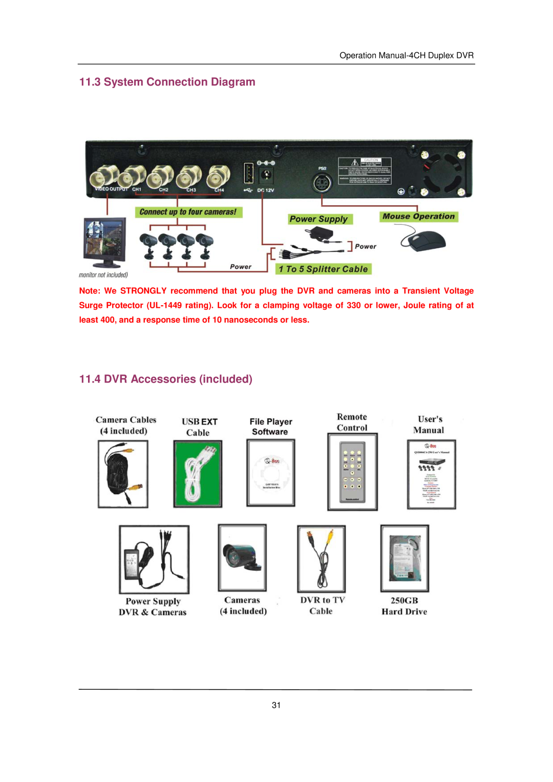 Q-See QSD371614C4-250 user manual System Connection Diagram, DVR Accessories included 