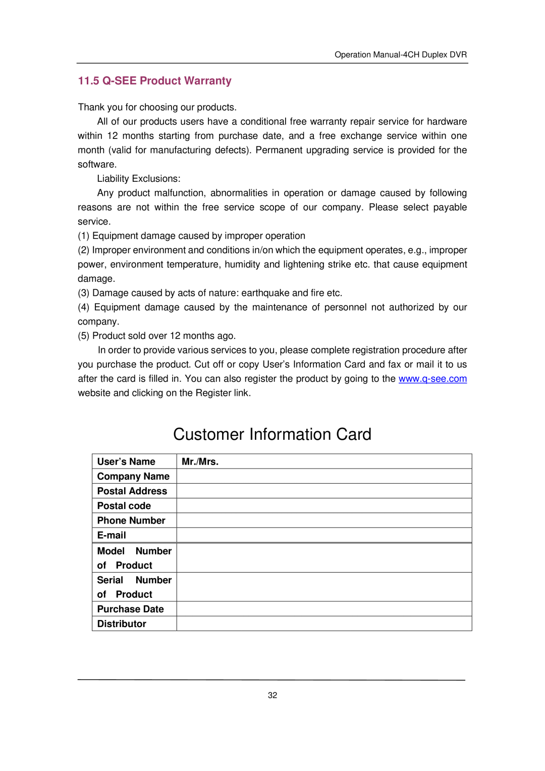 Q-See QSD371614C4-250 user manual Q-SEEProduct Warranty, Customer Information Card 