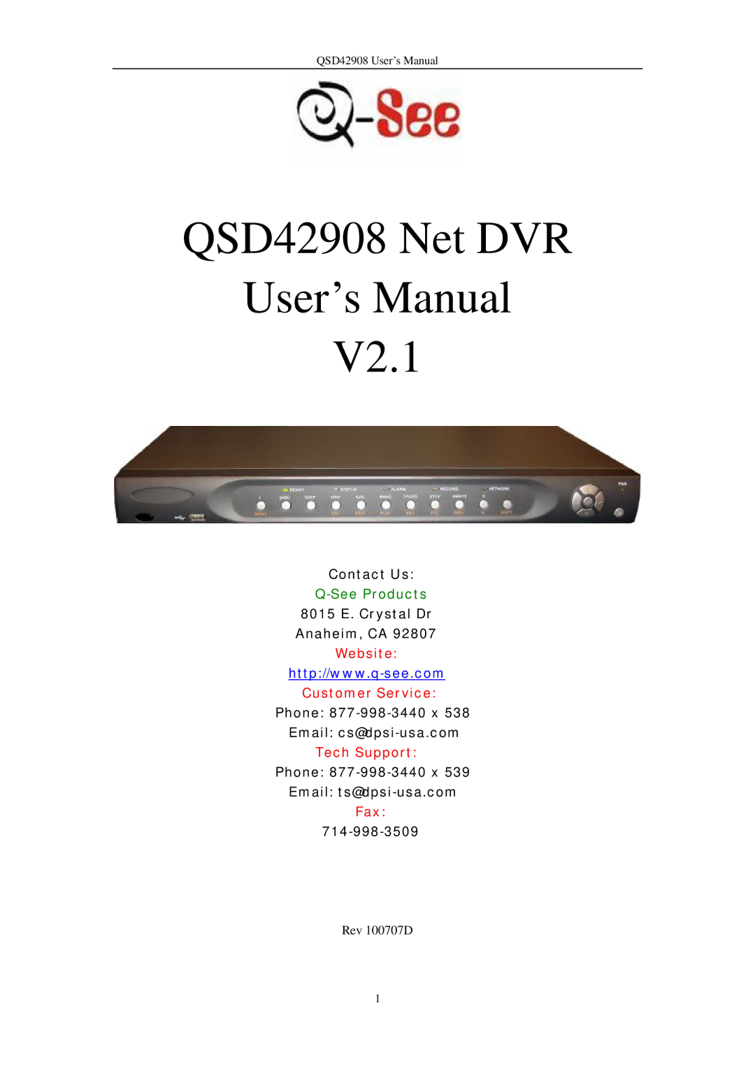 Q-See user manual QSD42908 Net DVR User’s Manual V2.1 