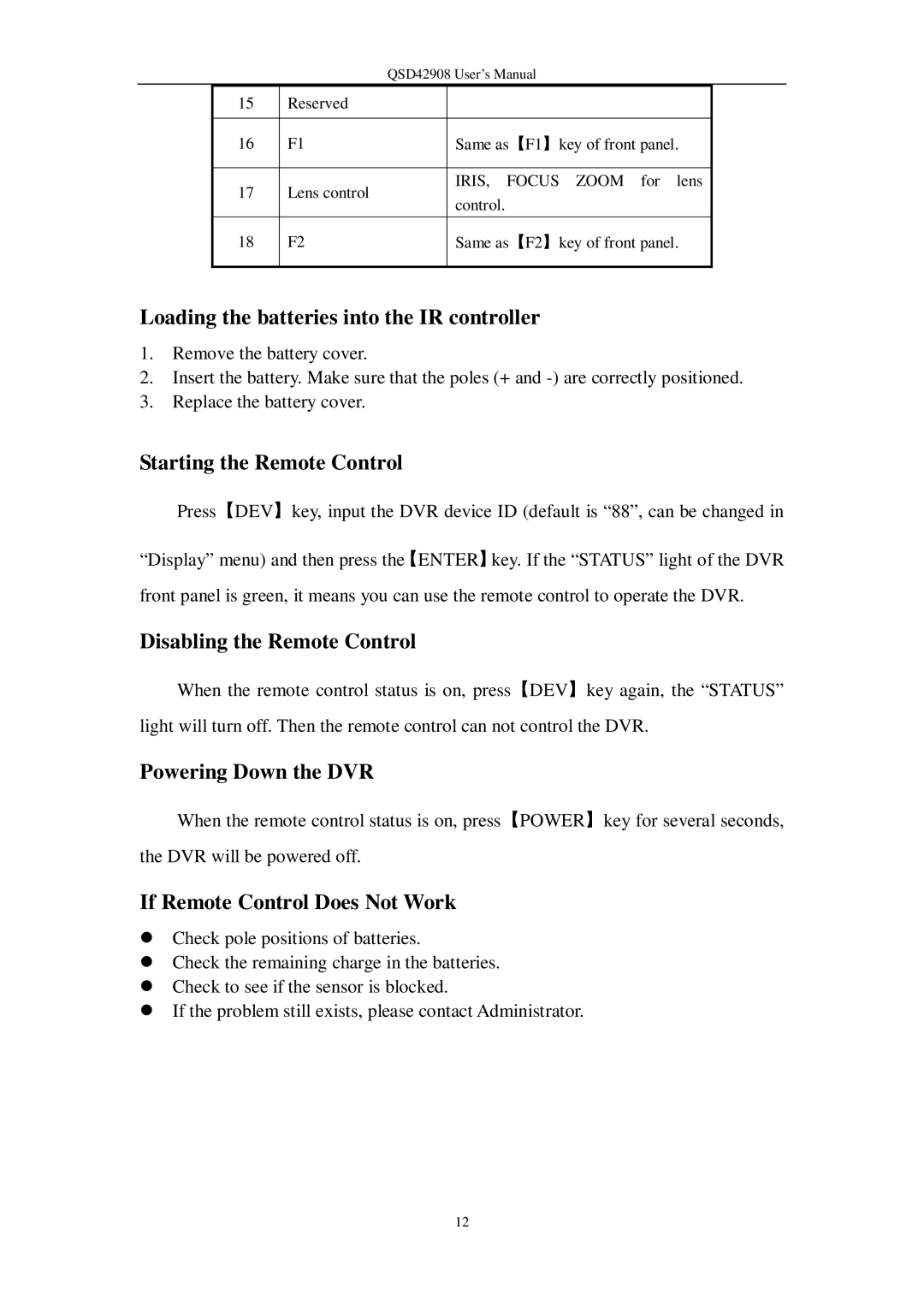 Q-See QSD42908 Loading the batteries into the IR controller, Starting the Remote Control, Disabling the Remote Control 