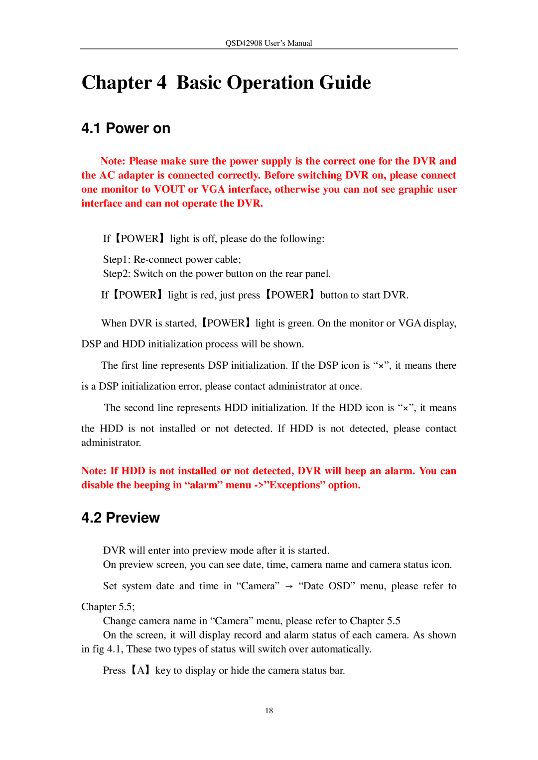 Q-See QSD42908 user manual Basic Operation Guide, Power on, Preview 