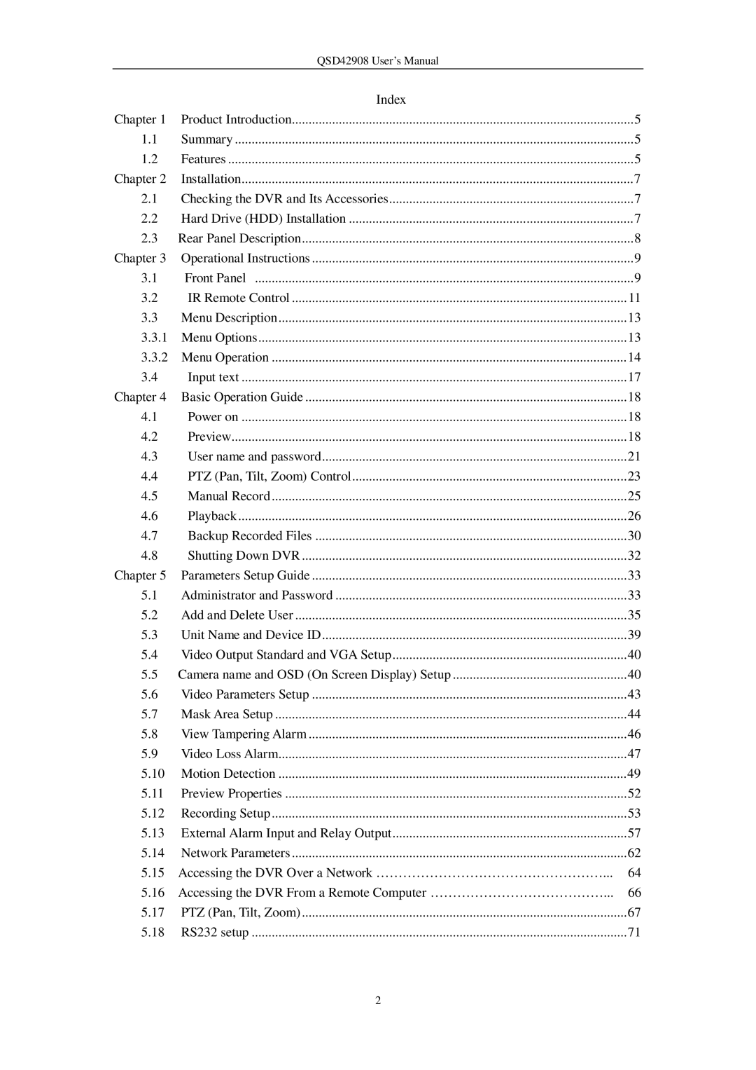 Q-See QSD42908 user manual Index Chapter 