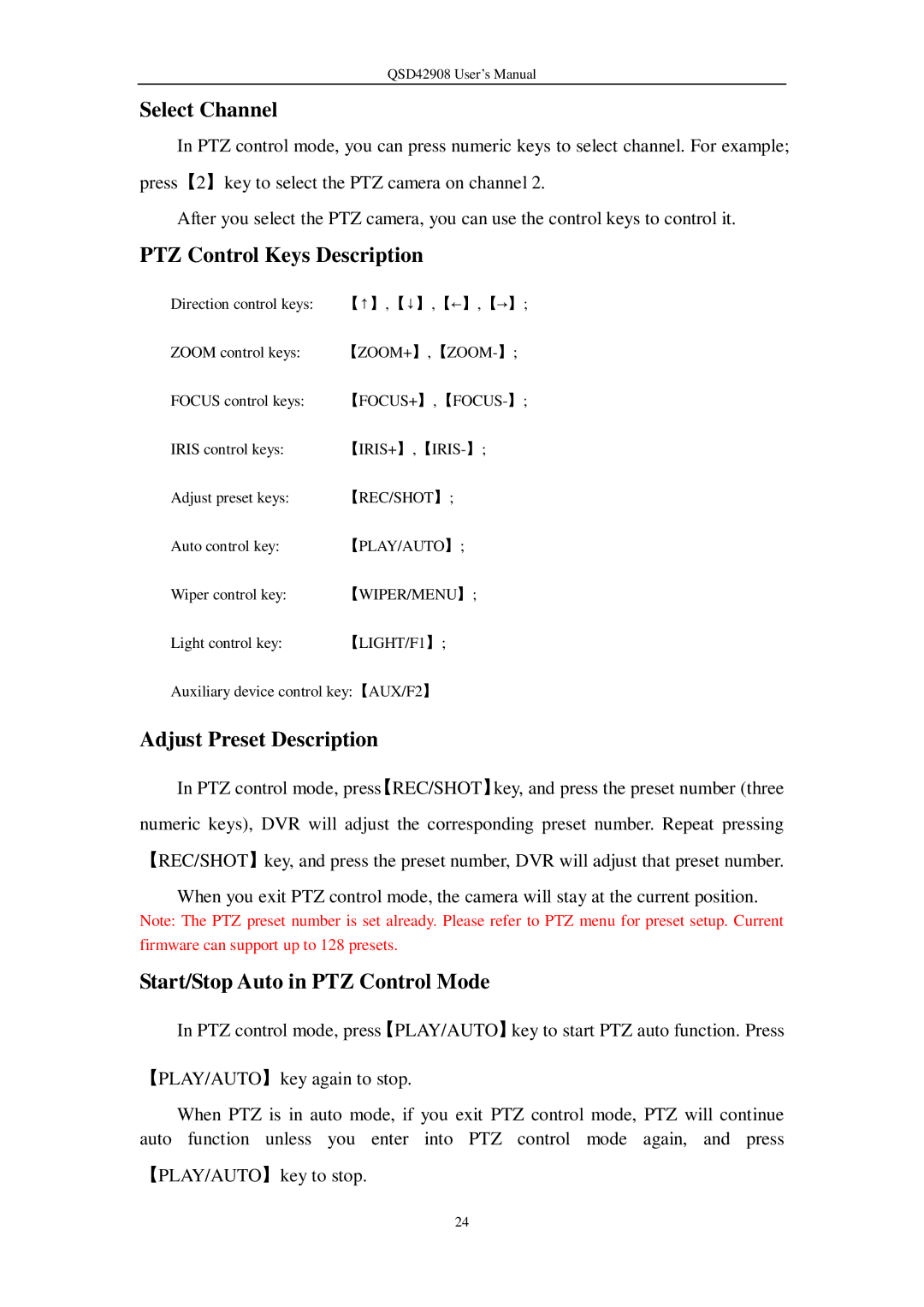 Q-See QSD42908 user manual Select Channel, PTZ Control Keys Description, Adjust Preset Description 