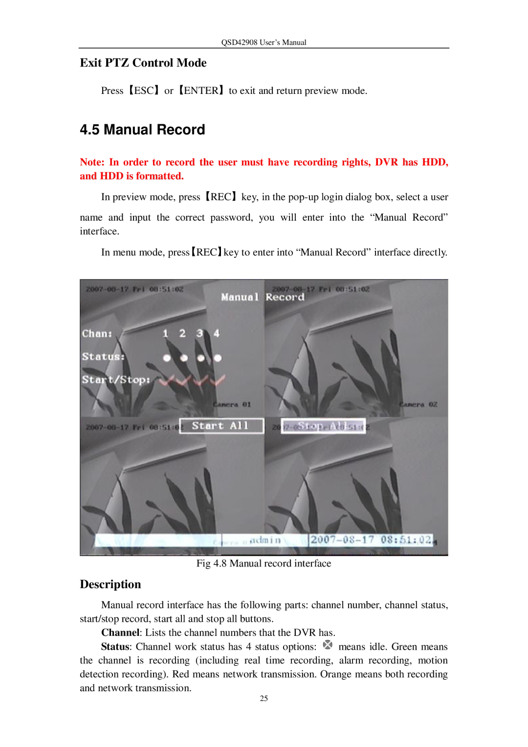 Q-See QSD42908 user manual Manual Record, Exit PTZ Control Mode, Description 