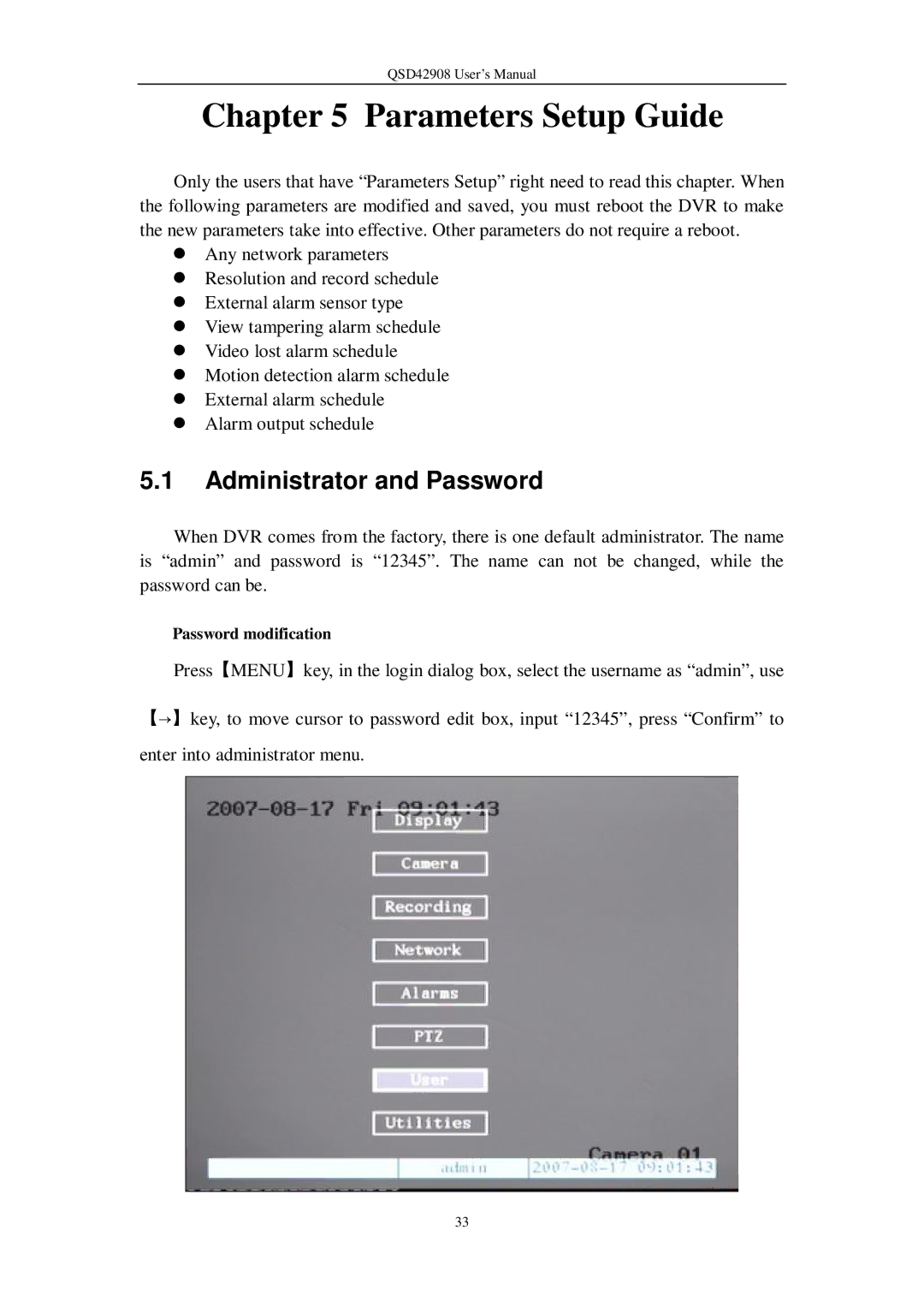 Q-See QSD42908 user manual Parameters Setup Guide, Administrator and Password, Password modification 