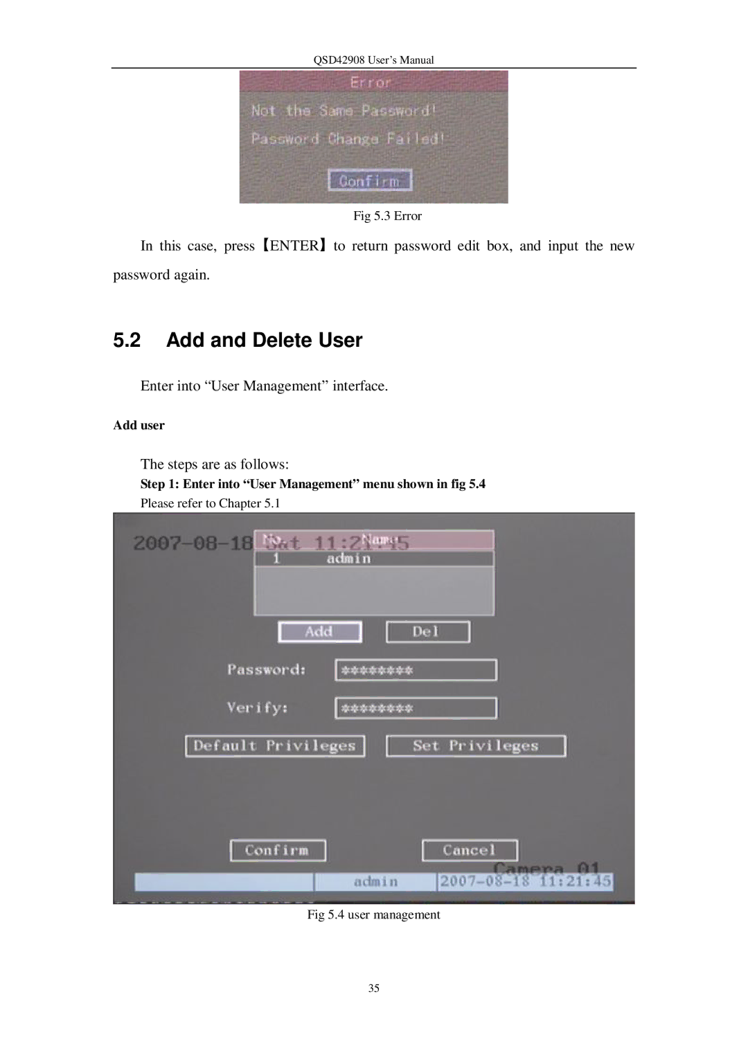 Q-See QSD42908 user manual Add and Delete User, Add user, Enter into User Management menu shown in fig 