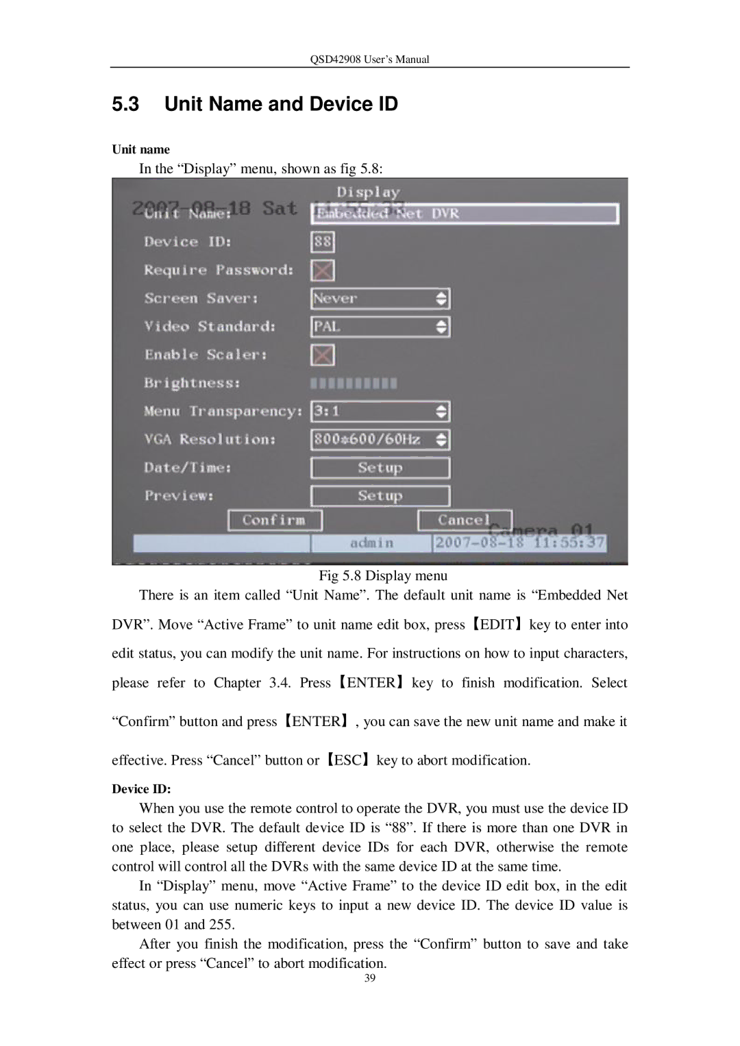 Q-See QSD42908 user manual Unit Name and Device ID, Unit name 