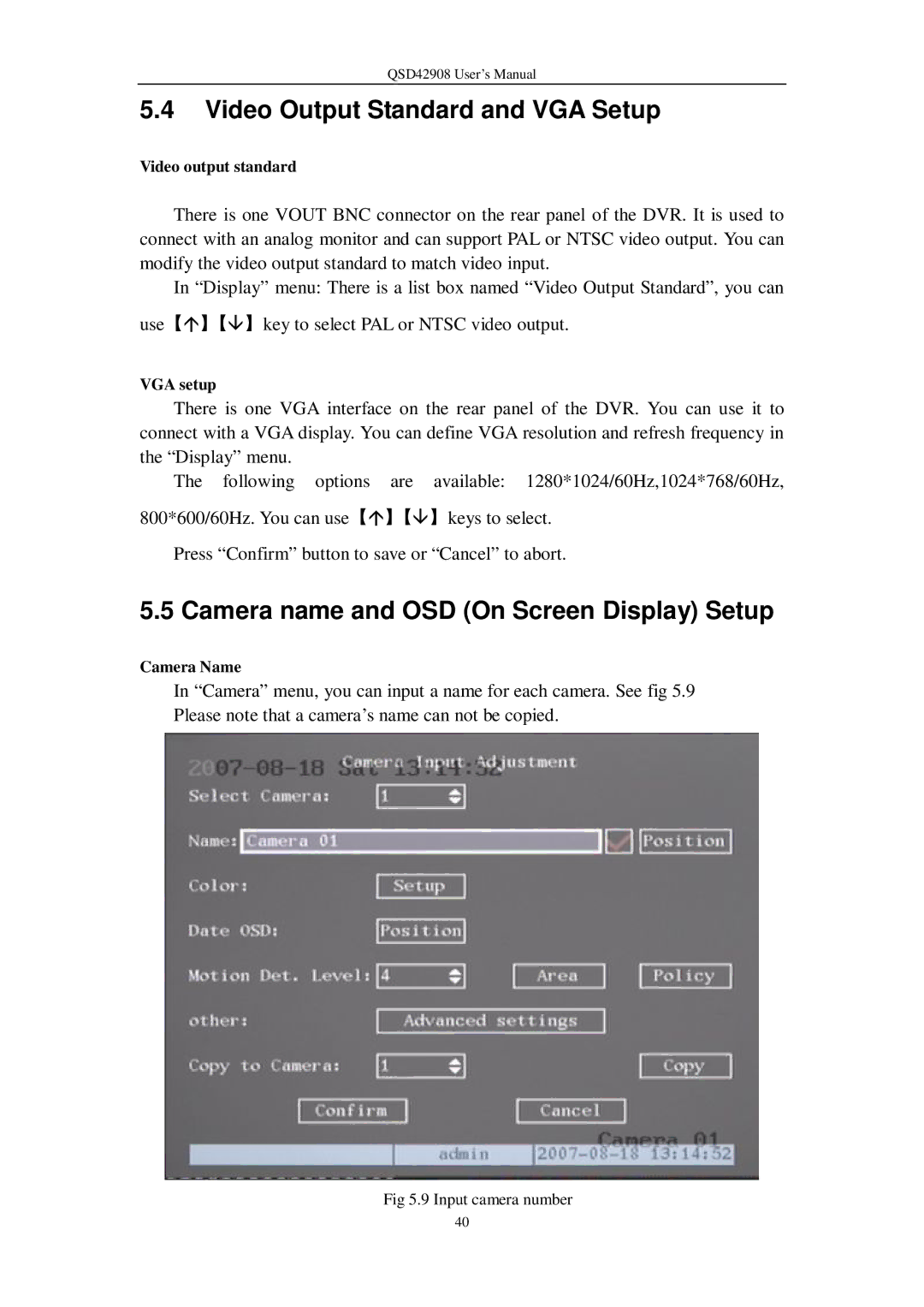 Q-See QSD42908 Video Output Standard and VGA Setup, Camera name and OSD On Screen Display Setup, Video output standard 