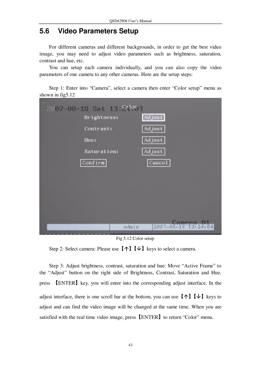 Q-See QSD42908 user manual Video Parameters Setup 