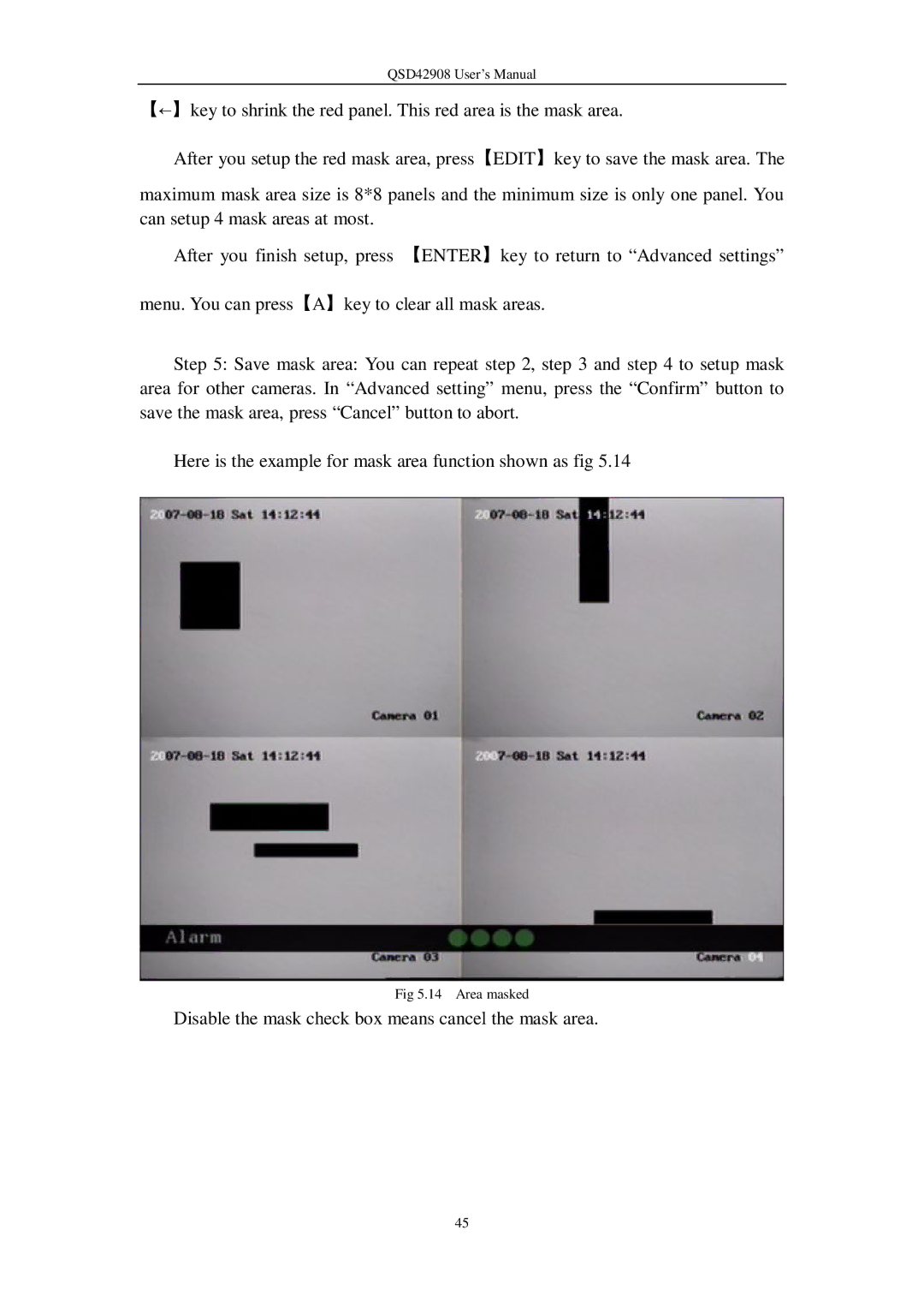 Q-See QSD42908 user manual Disable the mask check box means cancel the mask area 