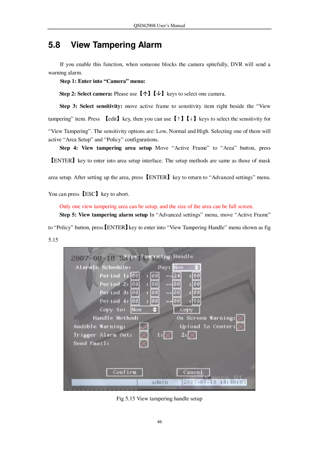 Q-See QSD42908 user manual View Tampering Alarm, Enter into Camera menu 