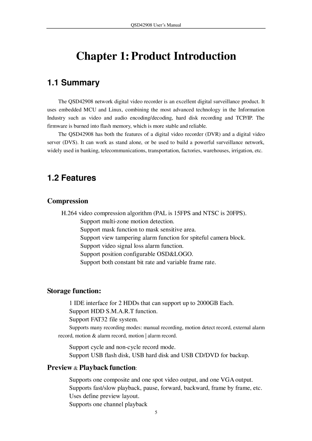 Q-See QSD42908 user manual Product Introduction, Summary, Features 