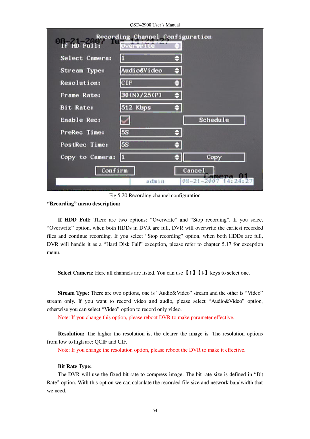 Q-See QSD42908 user manual Recording menu description, Bit Rate Type 