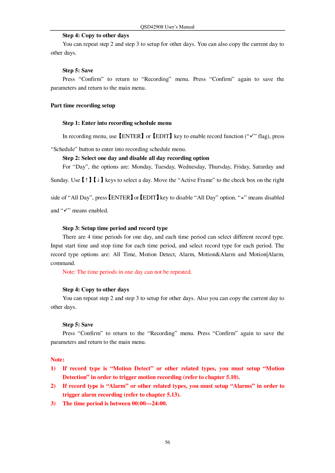 Q-See QSD42908 user manual Copy to other days, Save, Select one day and disable all day recording option 