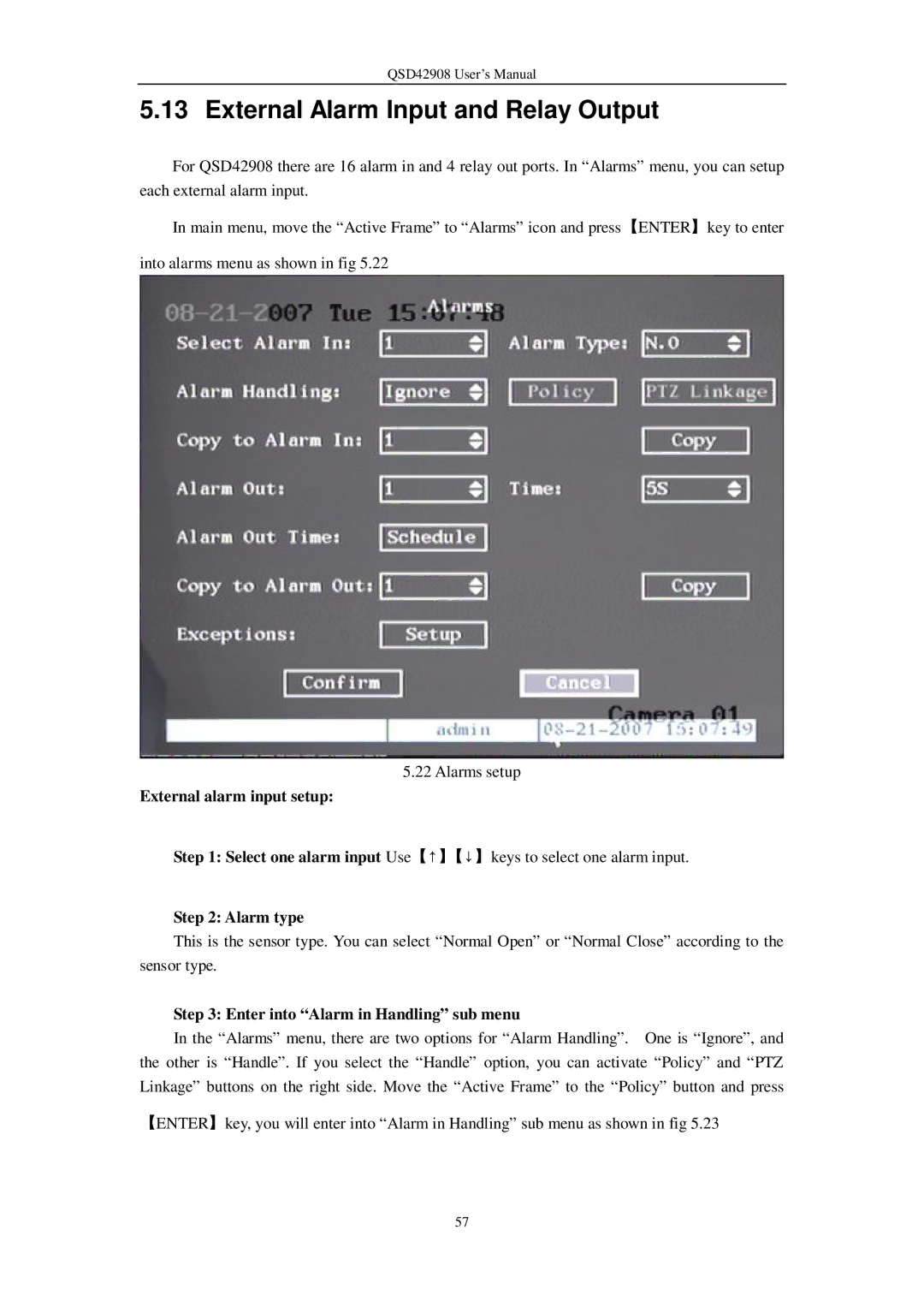 Q-See QSD42908 user manual External Alarm Input and Relay Output, External alarm input setup, Alarm type 