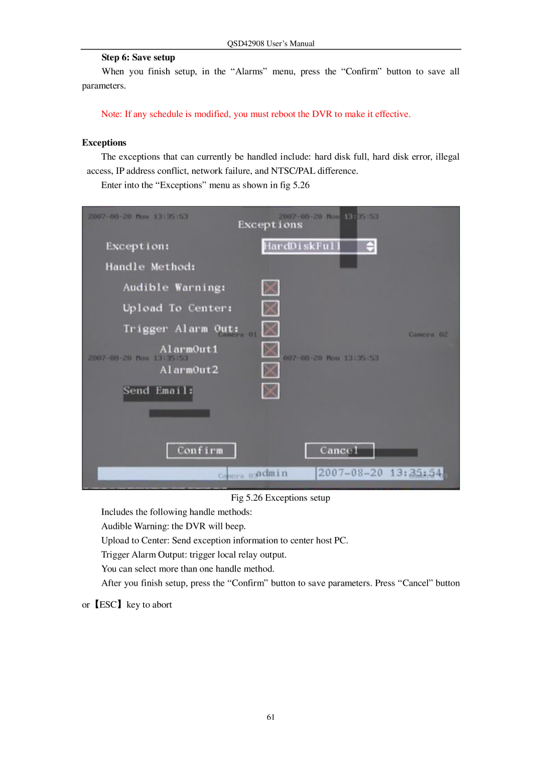 Q-See QSD42908 user manual Save setup, Exceptions 