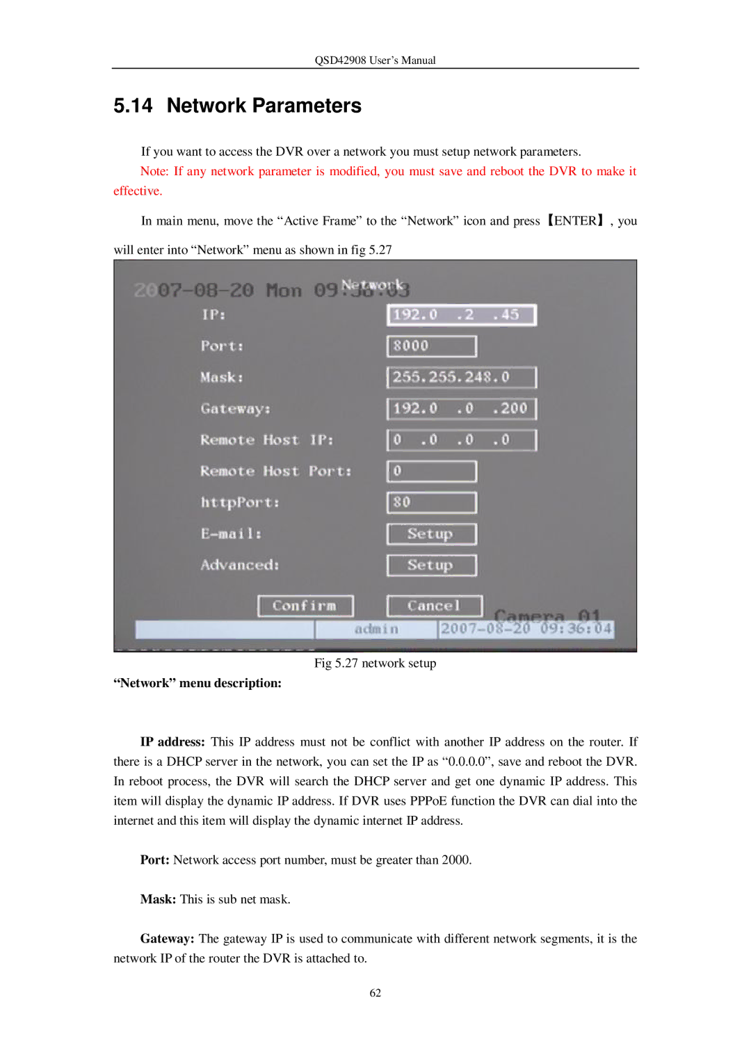 Q-See QSD42908 user manual Network Parameters, Network menu description 