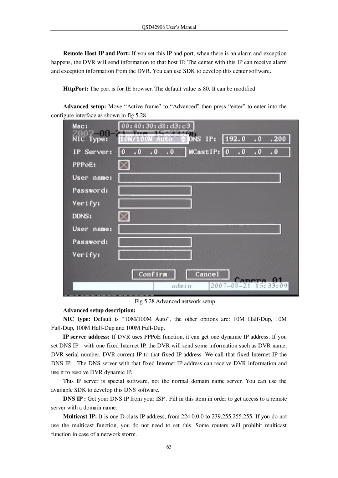 Q-See QSD42908 user manual Advanced setup description 