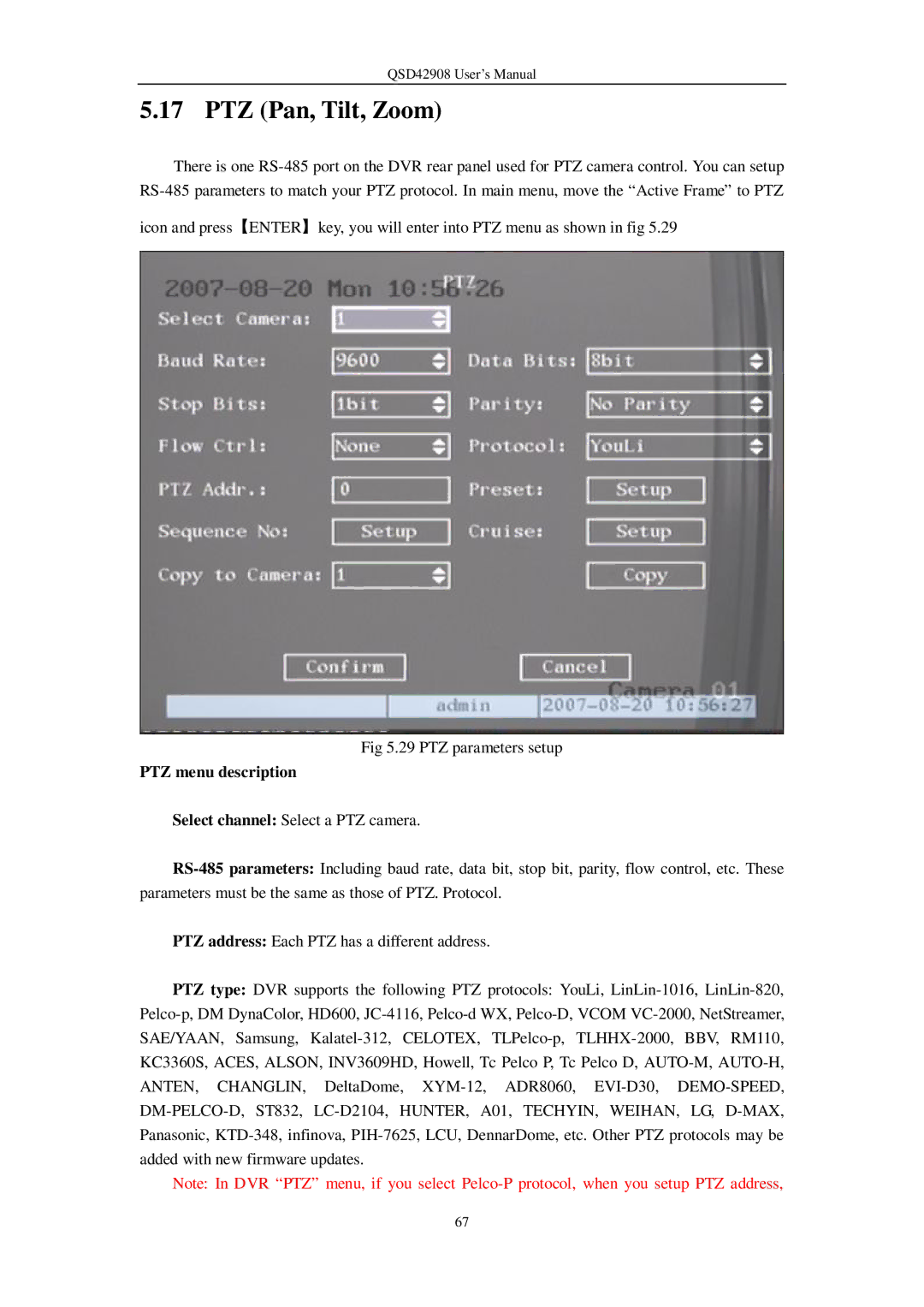 Q-See QSD42908 user manual PTZ Pan, Tilt, Zoom, PTZ menu description 