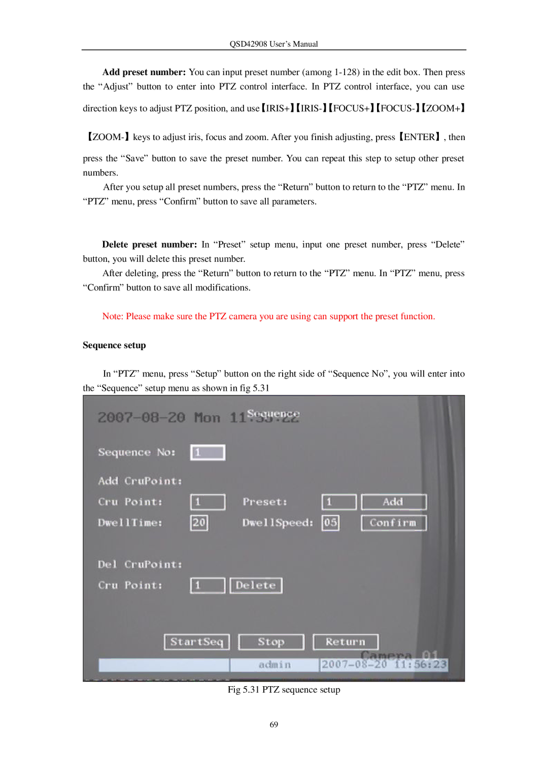 Q-See QSD42908 user manual Sequence setup 