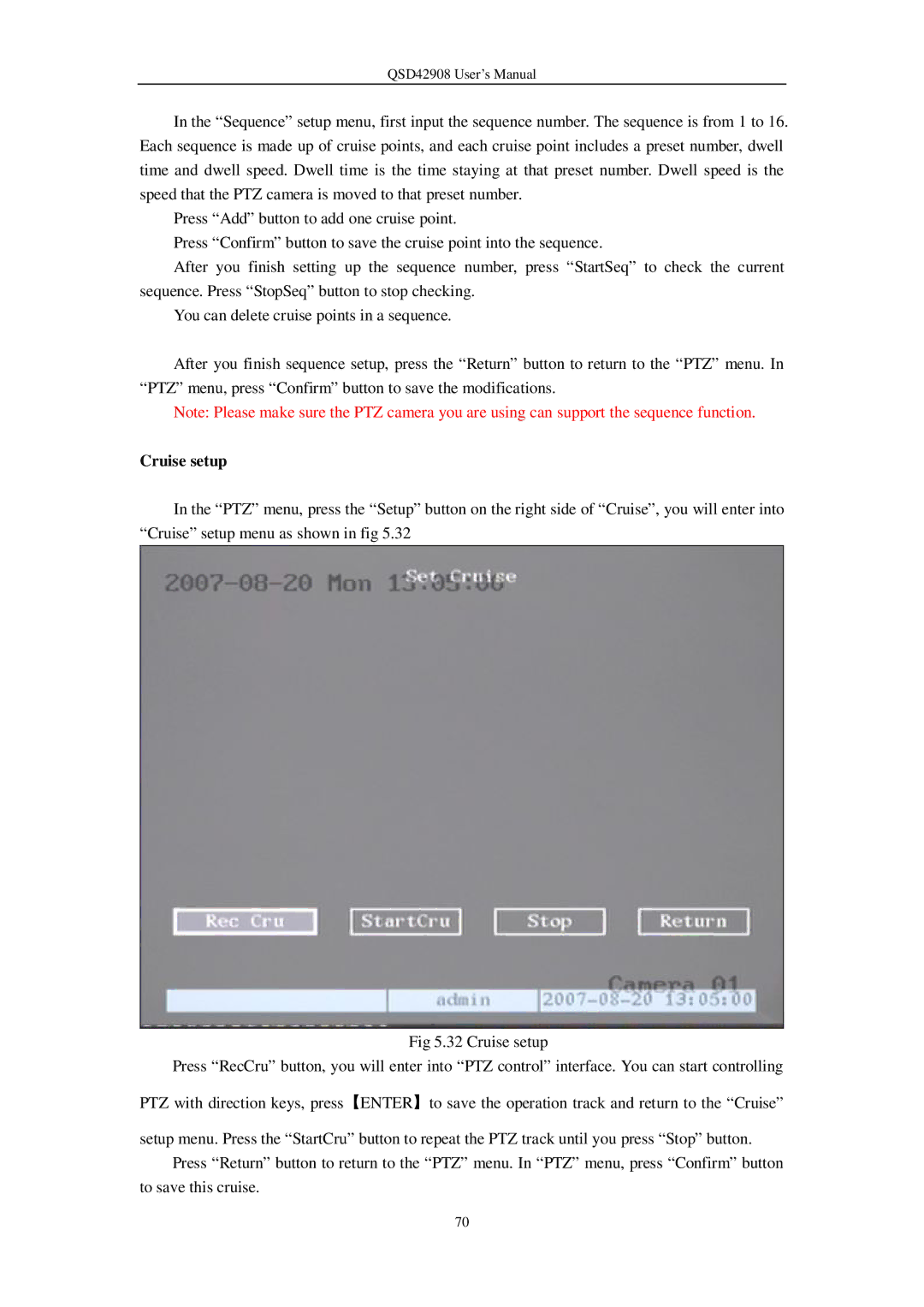 Q-See QSD42908 user manual Cruise setup 