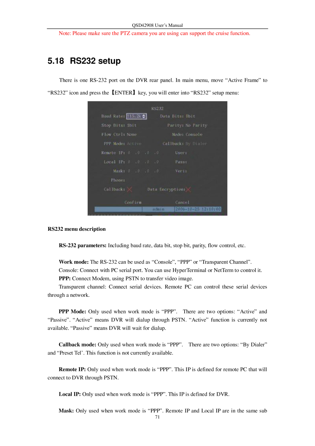 Q-See QSD42908 user manual 18 RS232 setup, RS232 menu description 