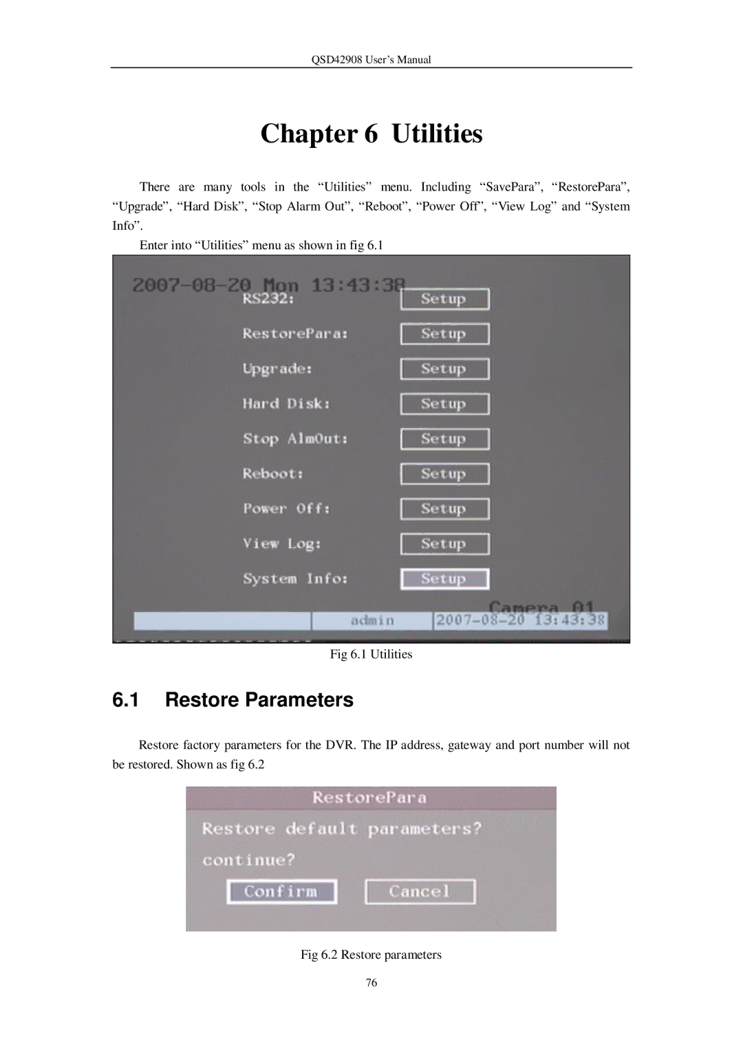 Q-See QSD42908 user manual Utilities, Restore Parameters 