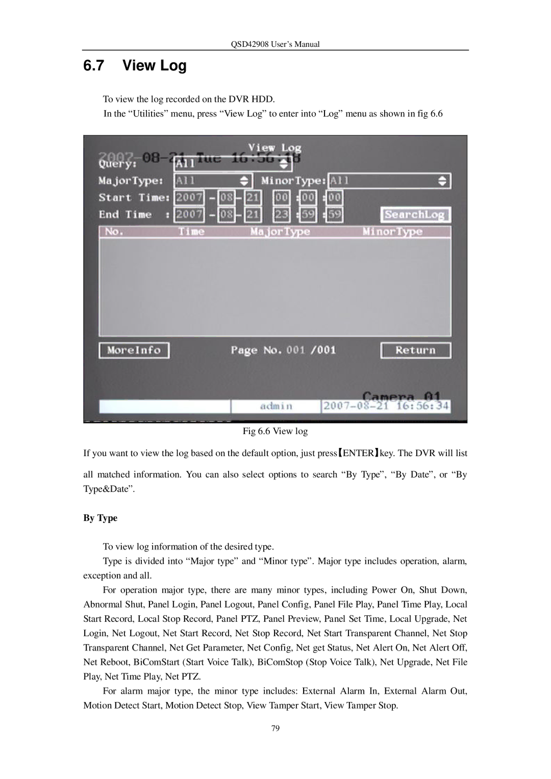 Q-See QSD42908 user manual View Log, By Type 