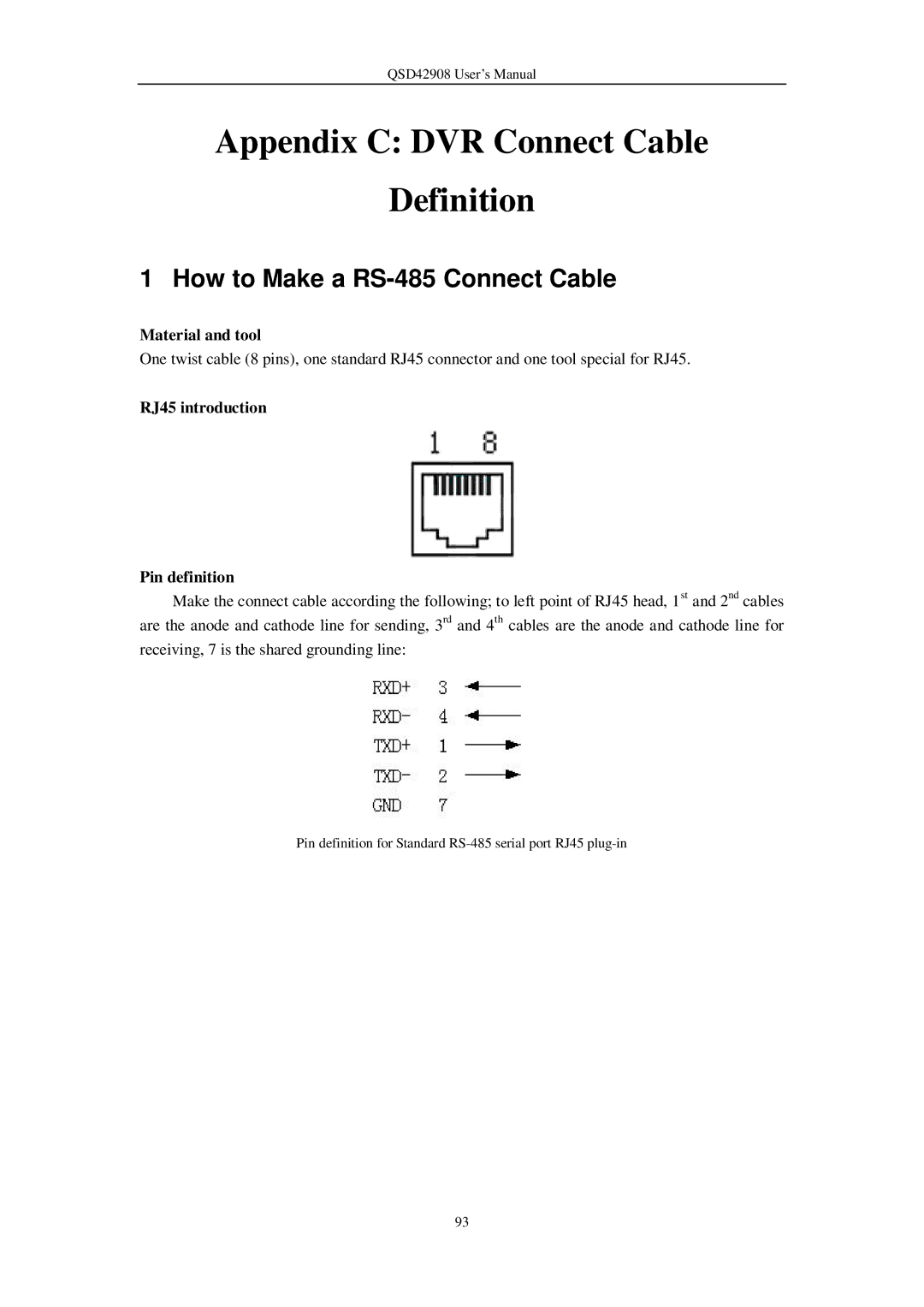 Q-See QSD42908 user manual Appendix C DVR Connect Cable Definition, How to Make a RS-485 Connect Cable, Material and tool 