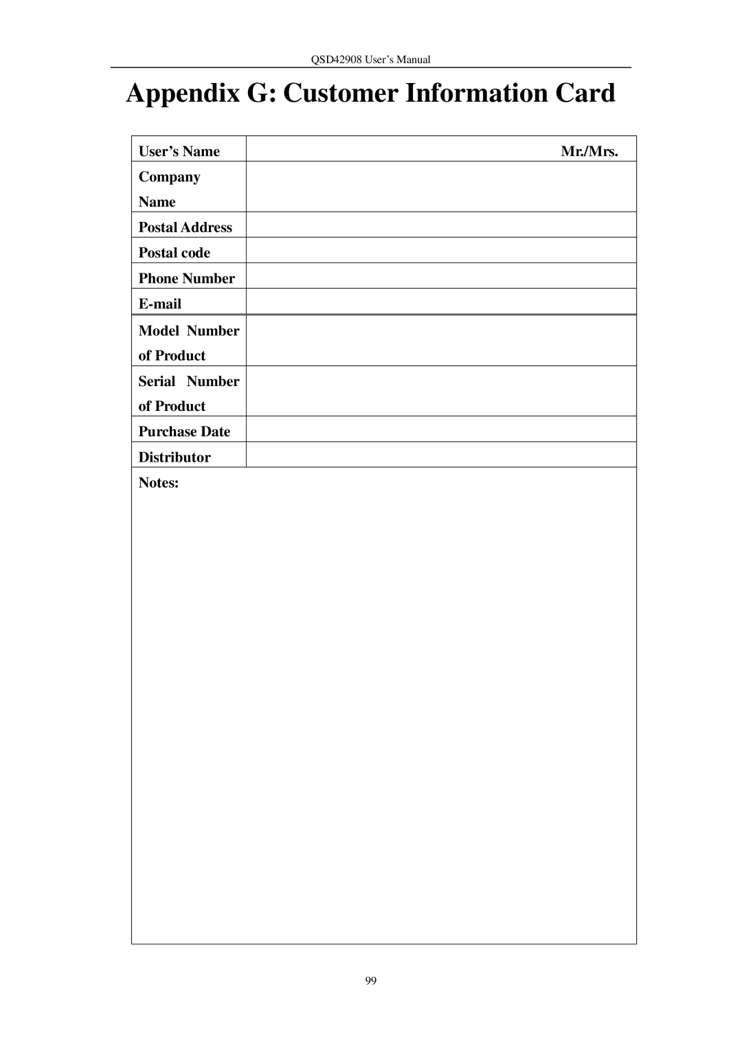 Q-See QSD42908 user manual Appendix G Customer Information Card 