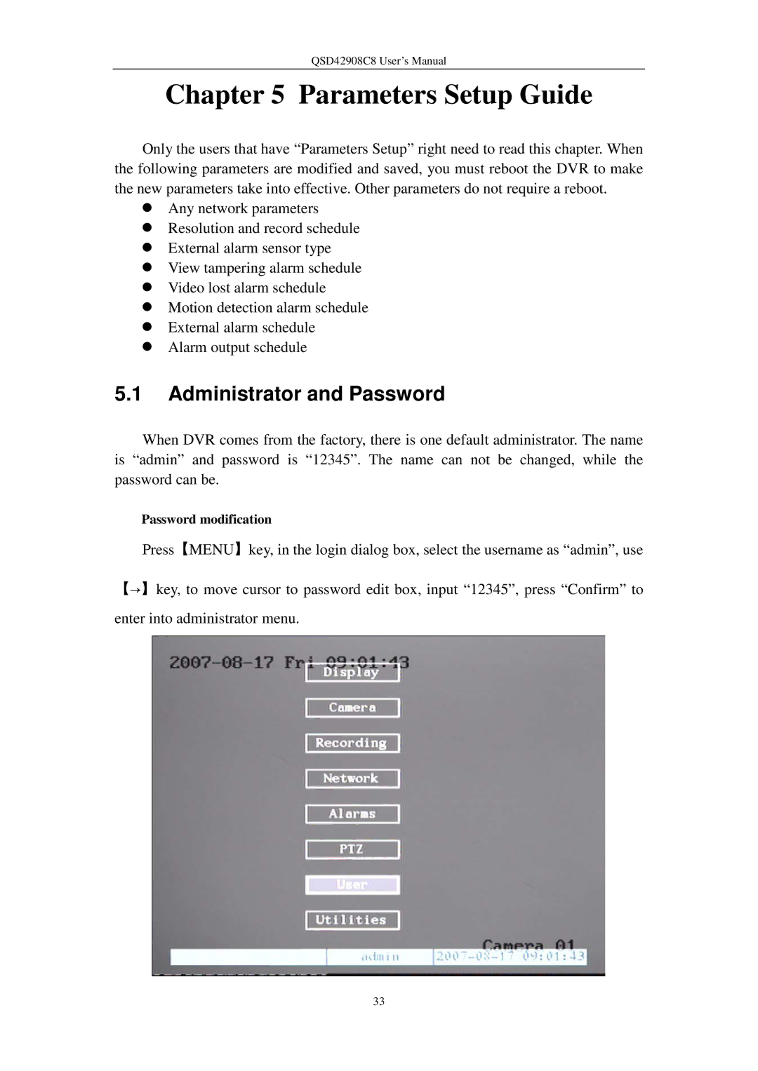 Q-See QSD42908C8 user manual Parameters Setup Guide, Administrator and Password, Password modification 