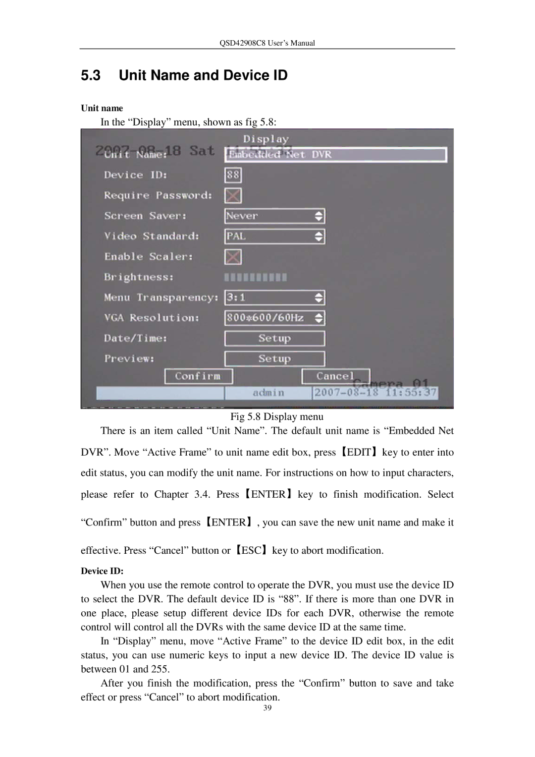 Q-See QSD42908C8 user manual Unit Name and Device ID, Unit name 