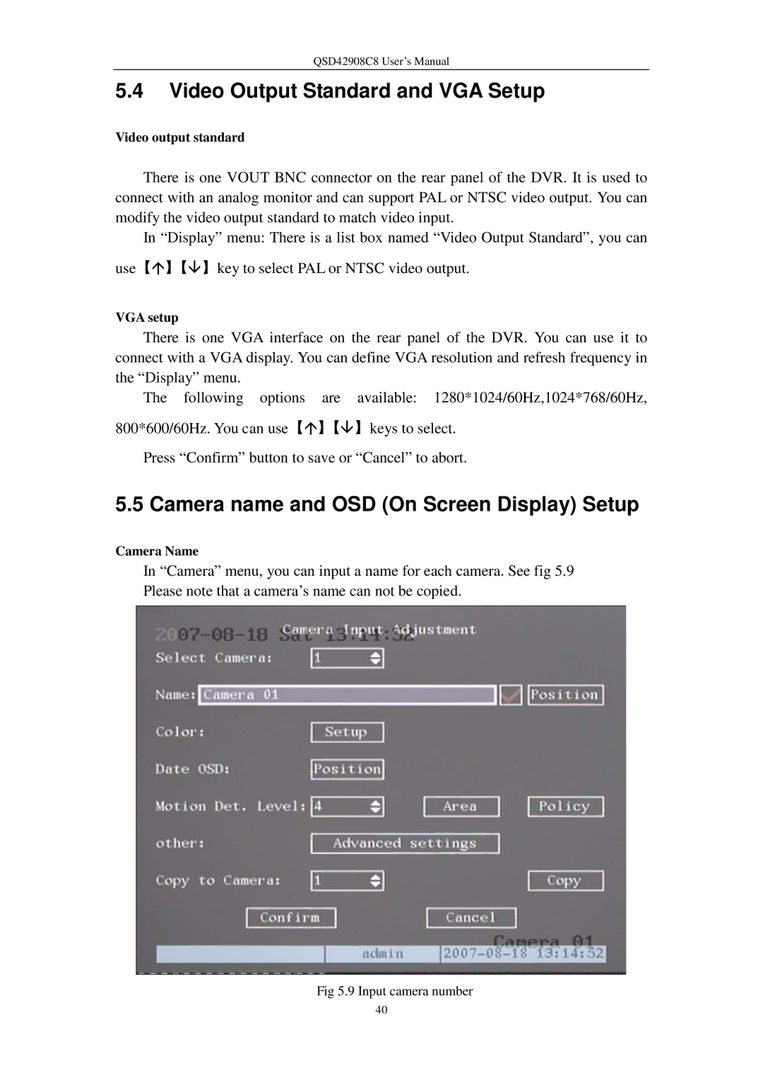 Q-See QSD42908C8 Video Output Standard and VGA Setup, Camera name and OSD On Screen Display Setup, Video output standard 