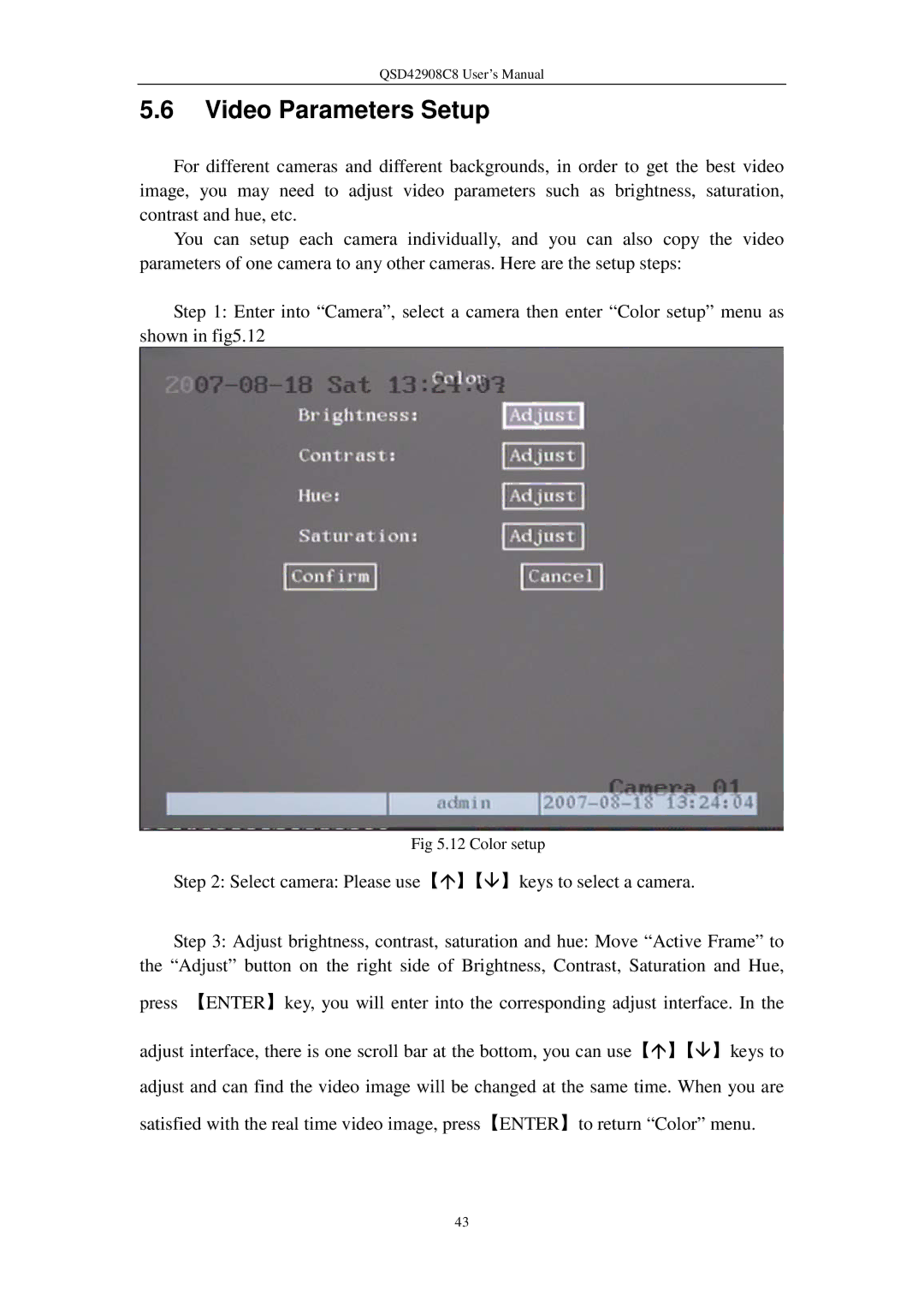 Q-See QSD42908C8 user manual Video Parameters Setup 