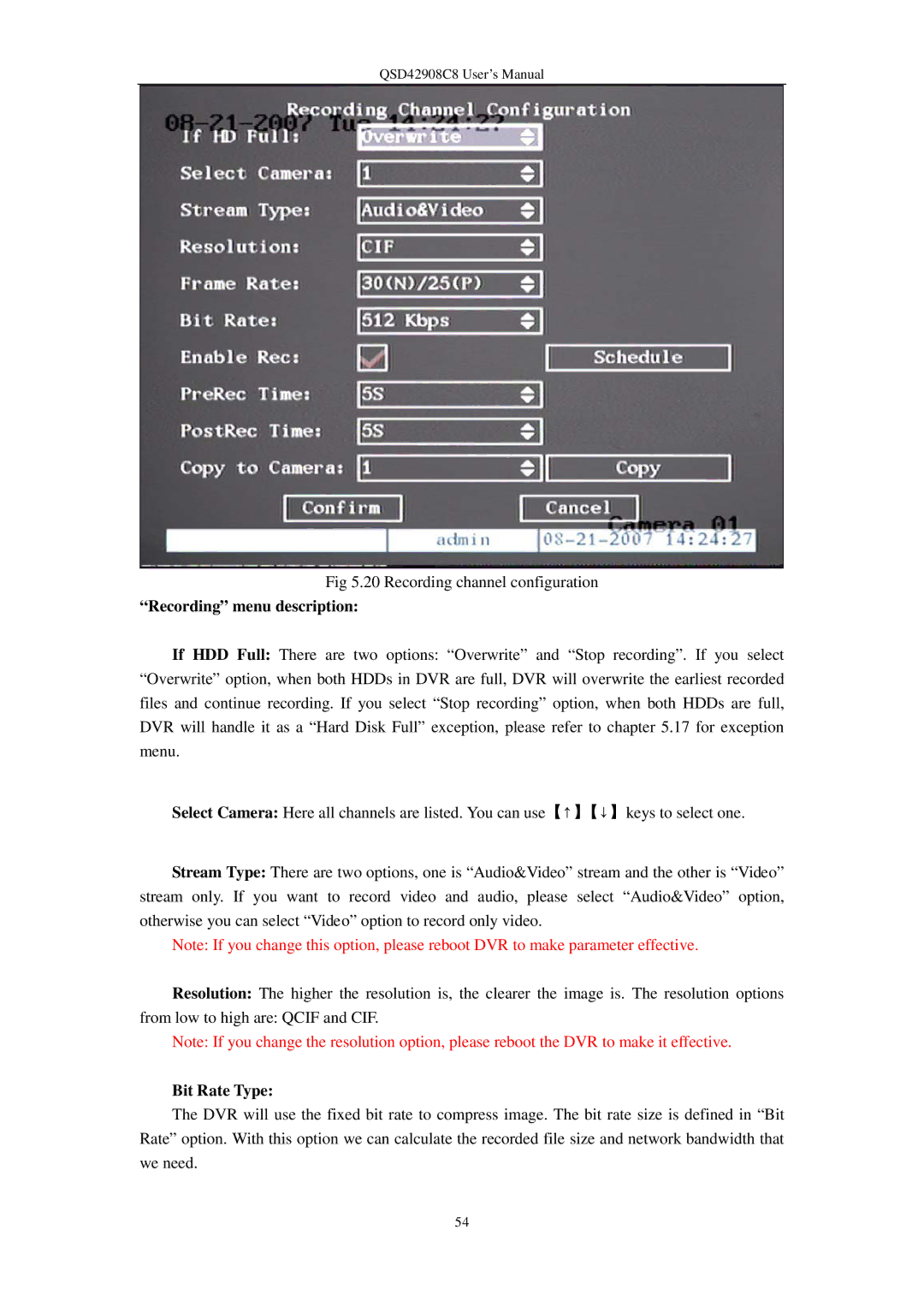 Q-See QSD42908C8 user manual Recording menu description, Bit Rate Type 