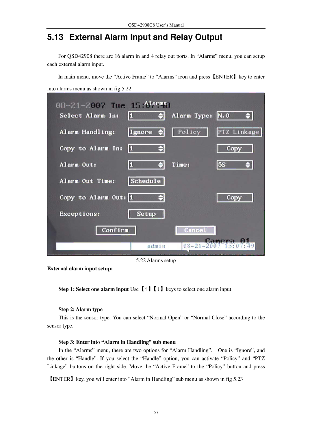 Q-See QSD42908C8 user manual External Alarm Input and Relay Output, External alarm input setup, Alarm type 