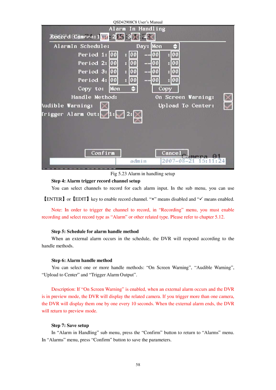 Q-See QSD42908C8 Alarm trigger record channel setup, Schedule for alarm handle method, Alarm handle method, Save setup 