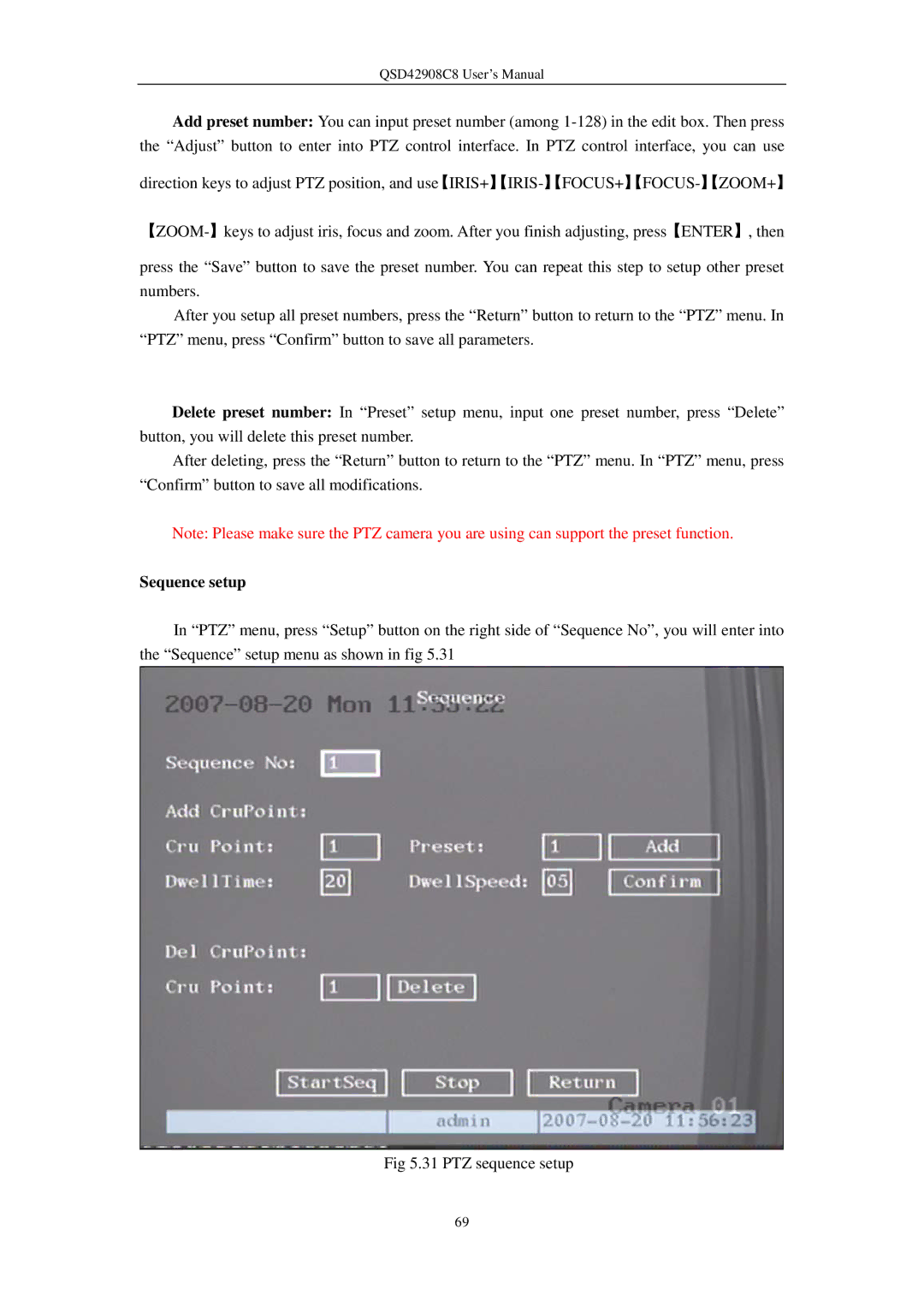 Q-See QSD42908C8 user manual Sequence setup 