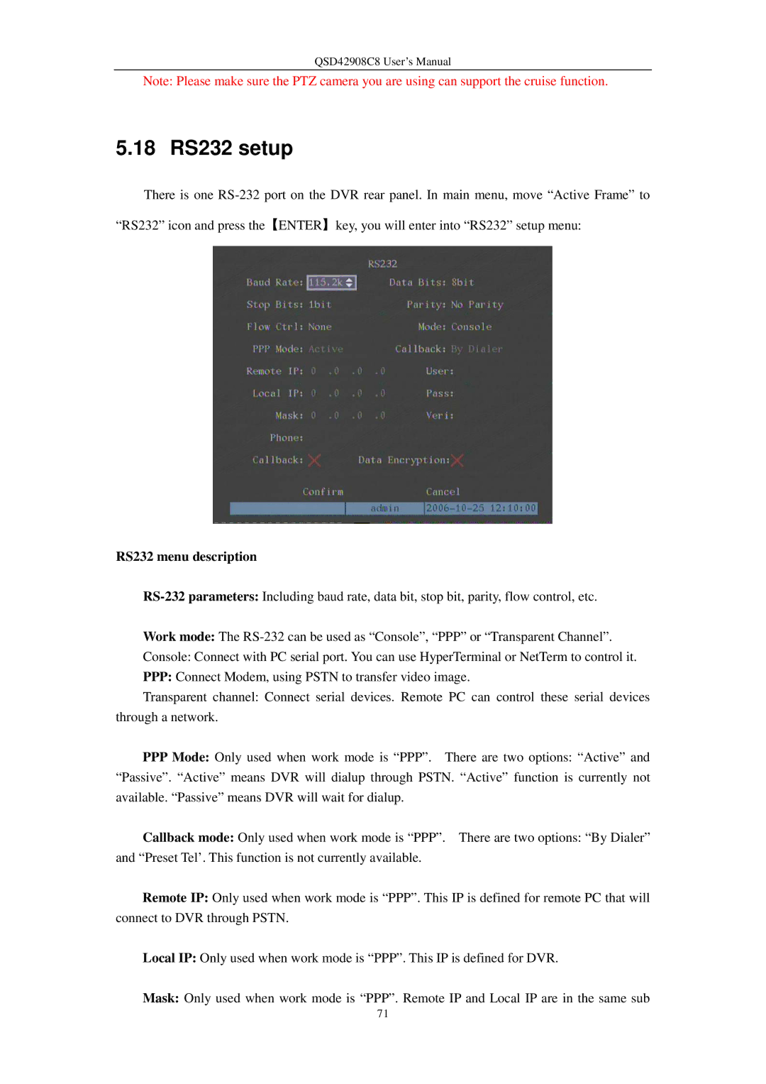 Q-See QSD42908C8 user manual 18 RS232 setup, RS232 menu description 