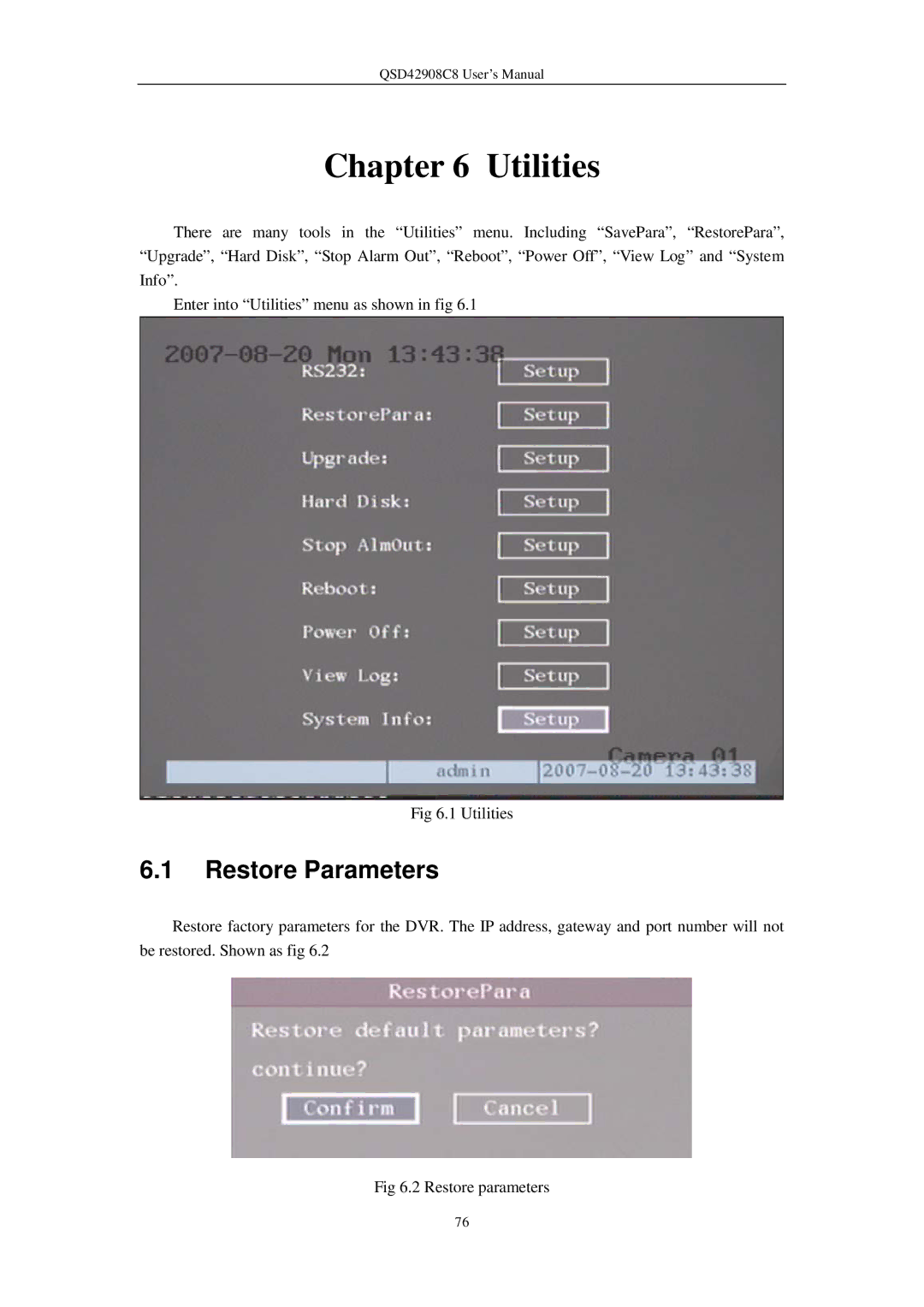 Q-See QSD42908C8 user manual Utilities, Restore Parameters 