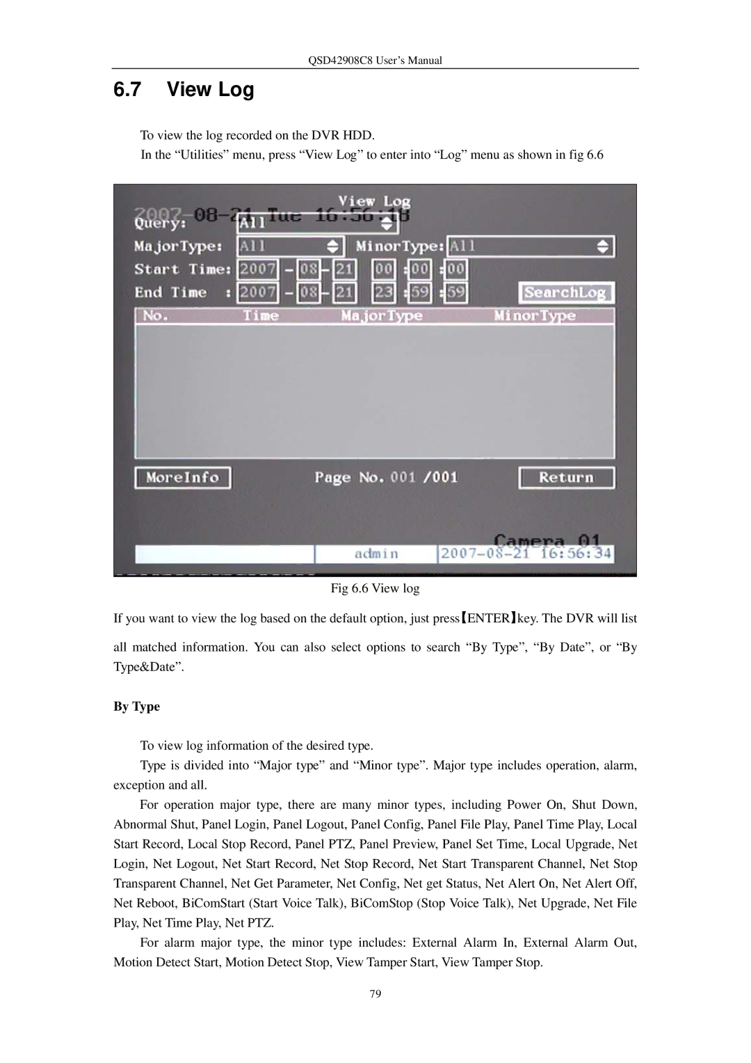 Q-See QSD42908C8 user manual View Log, By Type 