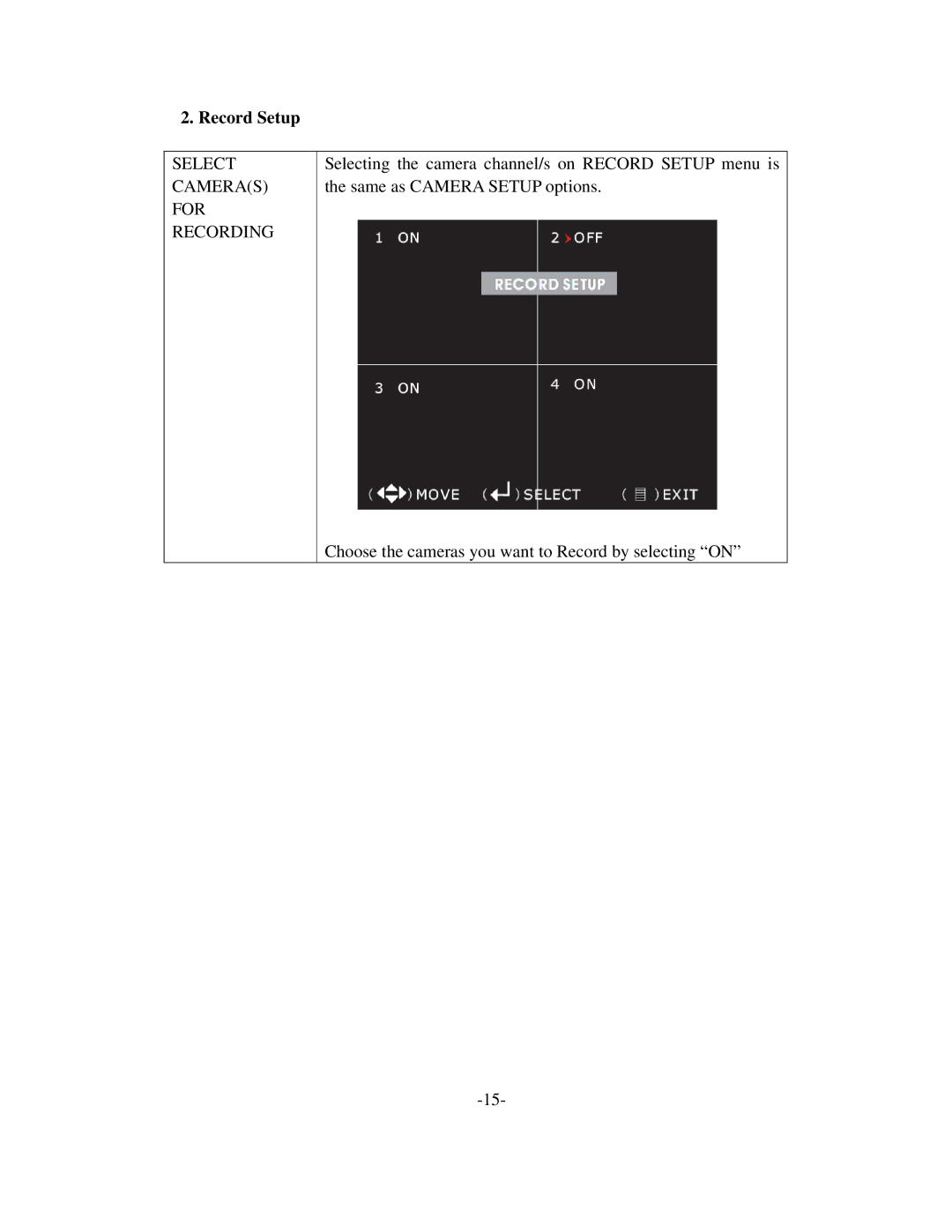 Q-See QSD6204 manual Record Setup, Select Cameras For Recording 